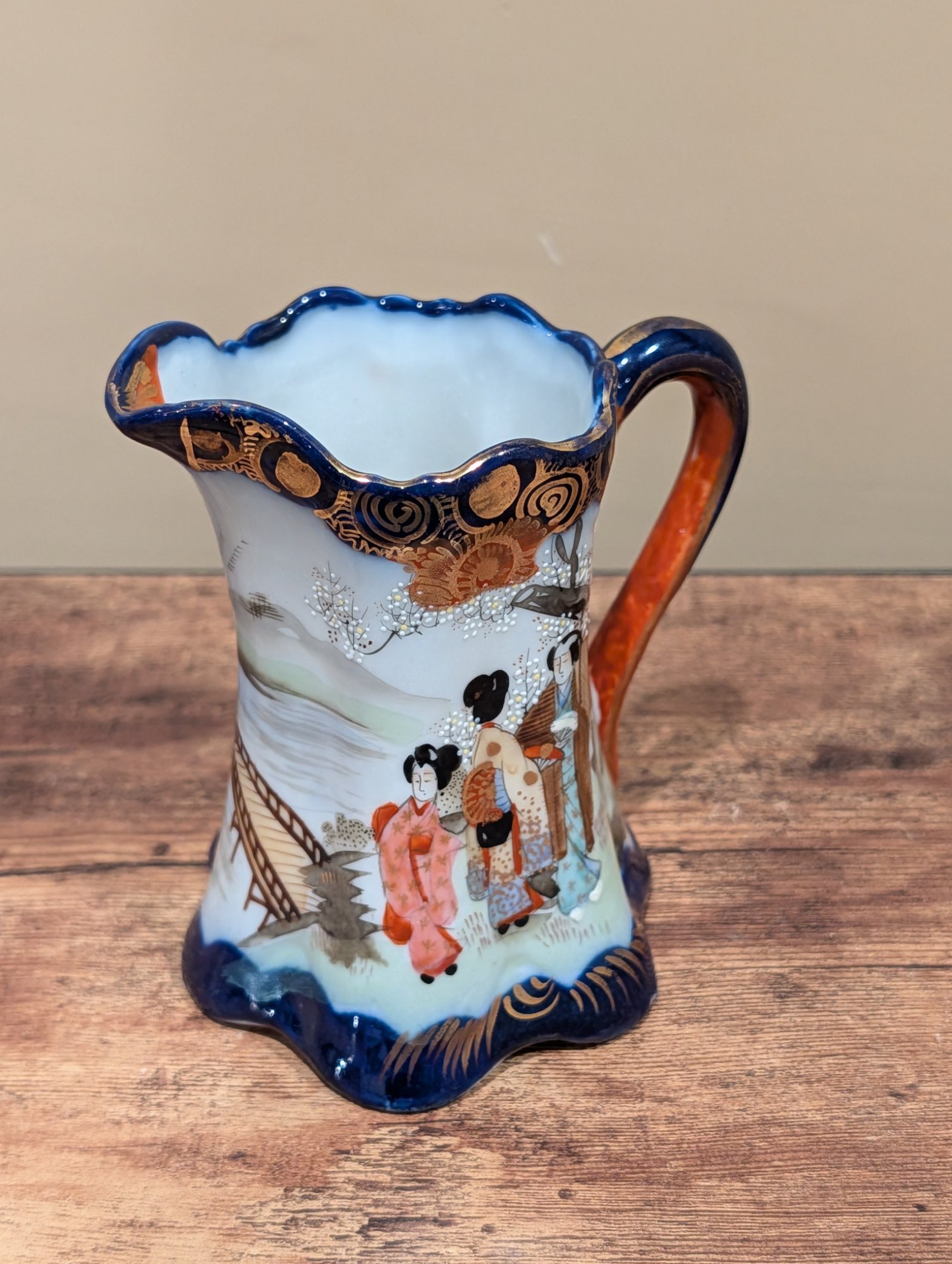 Antique Japanese Imari Style Porcelain Pitcher Cobalt Blue Gold