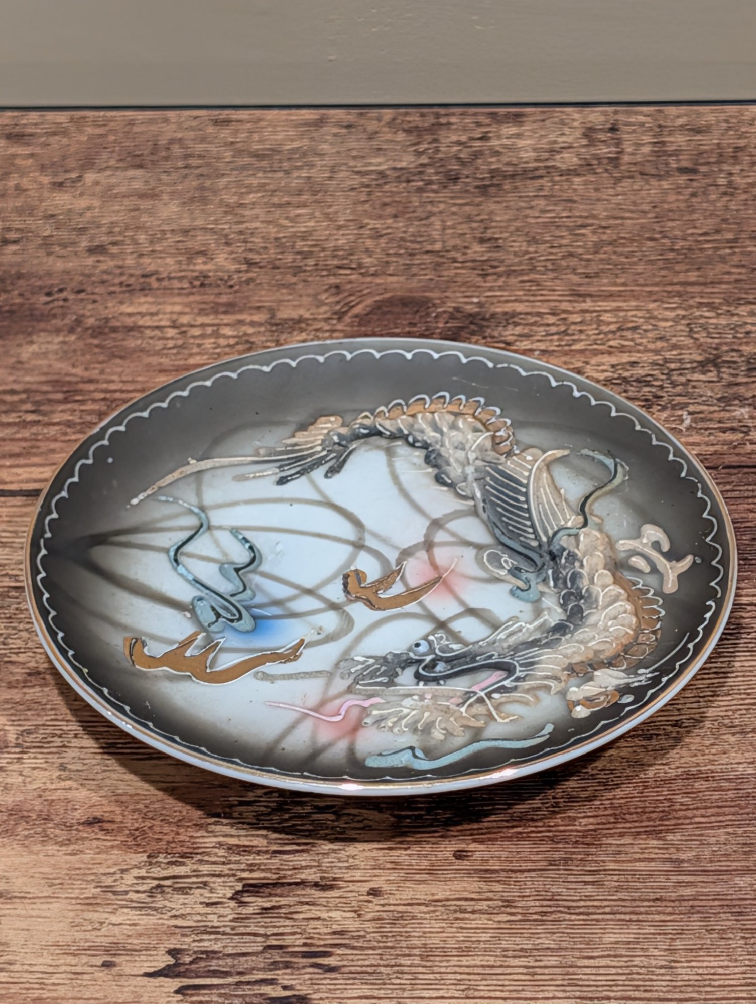 Asian Dragon Motif Decorative Plate, Dark Ground, Moriage Style