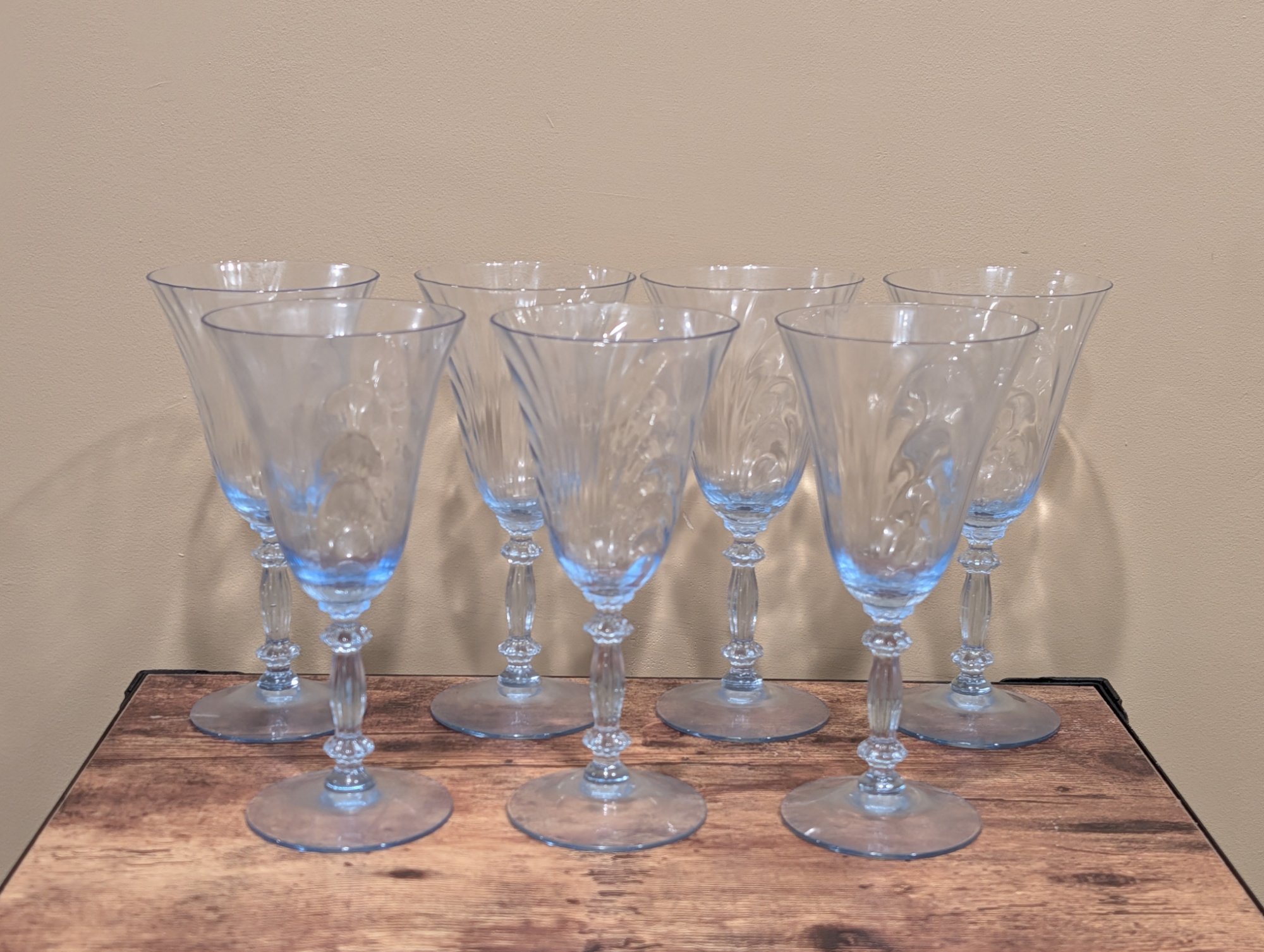 Set of 6 Vintage Blue Glass Stemware Wine Goblets Knop Stem