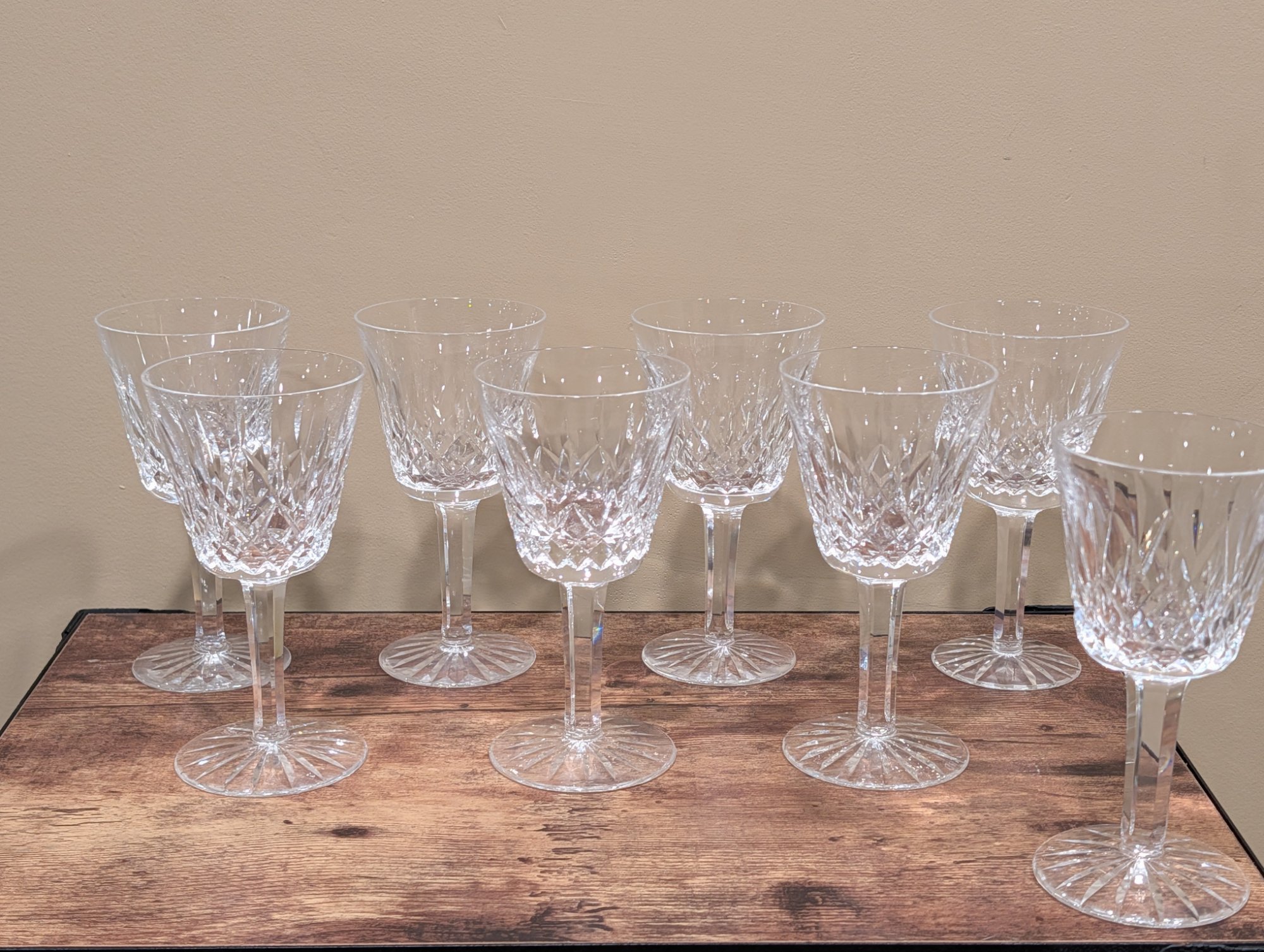 Set of 8 Cut Crystal Wine Glasses, Classic Crosshatch and Fan Pattern