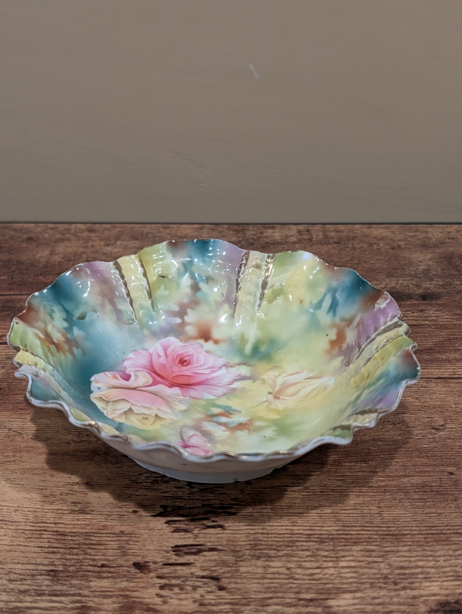 Antique RS Prussia Porcelain Bowl, Rose Floral Scalloped Edge