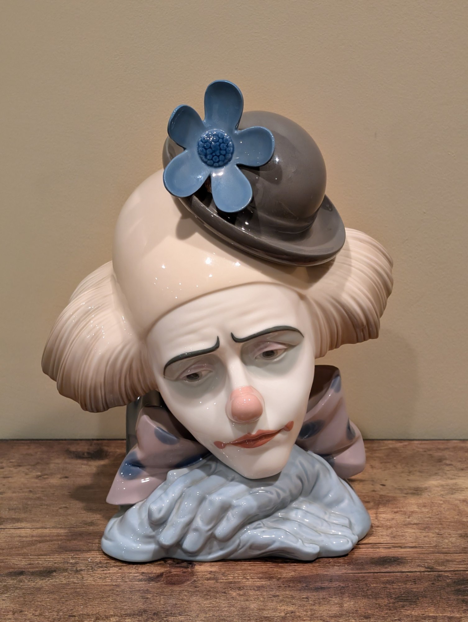 Lladro Porcelain Sad Clown Bust Figurine, Large, Blue Flower Hat