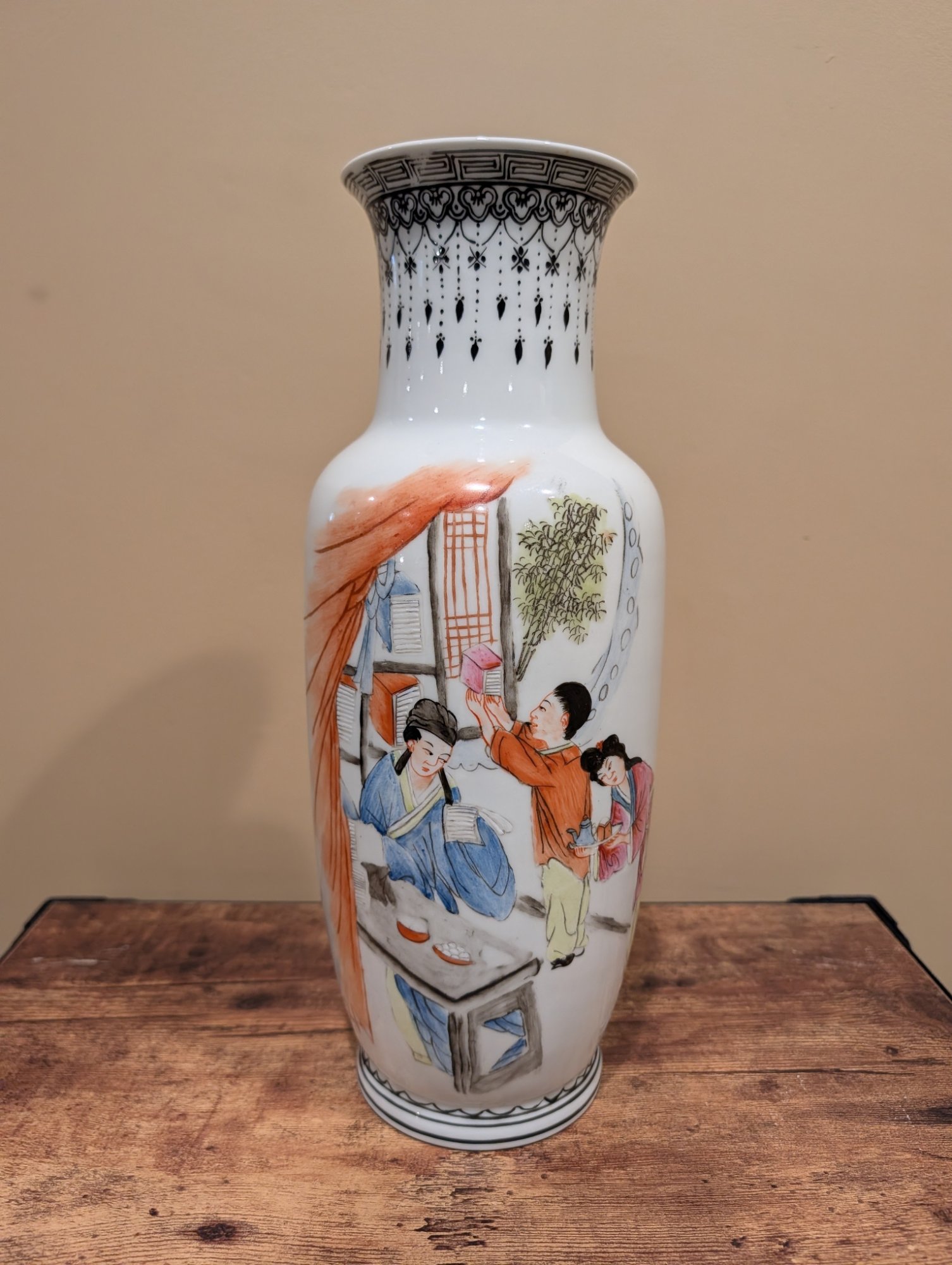 Chinese Famille Rose Porcelain Vase with Figural Scene and Red Mark