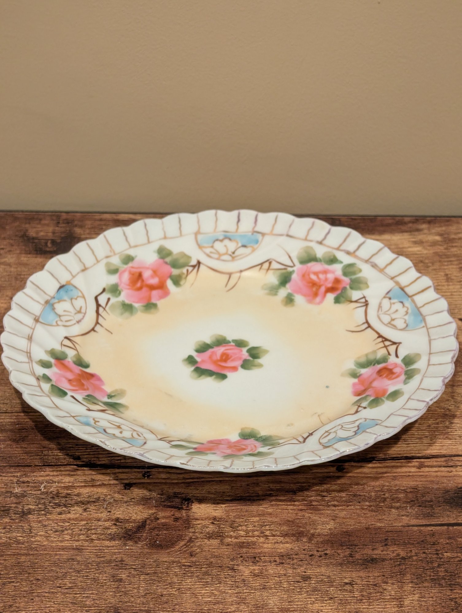 Antique Hand Painted Porcelain Plate Pink Roses Scalloped Edge