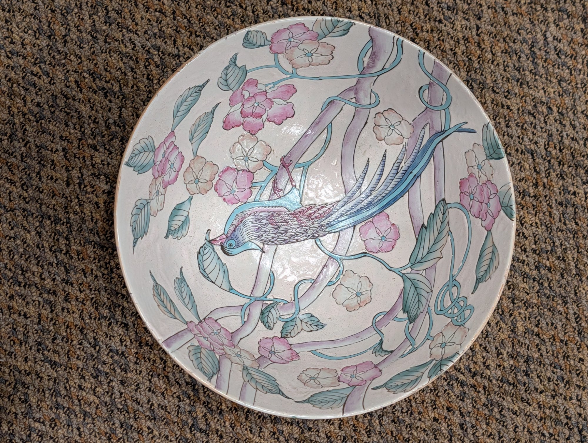 CPC Macau Large Decorative Bowl Bird Floral Pink Teal 12in