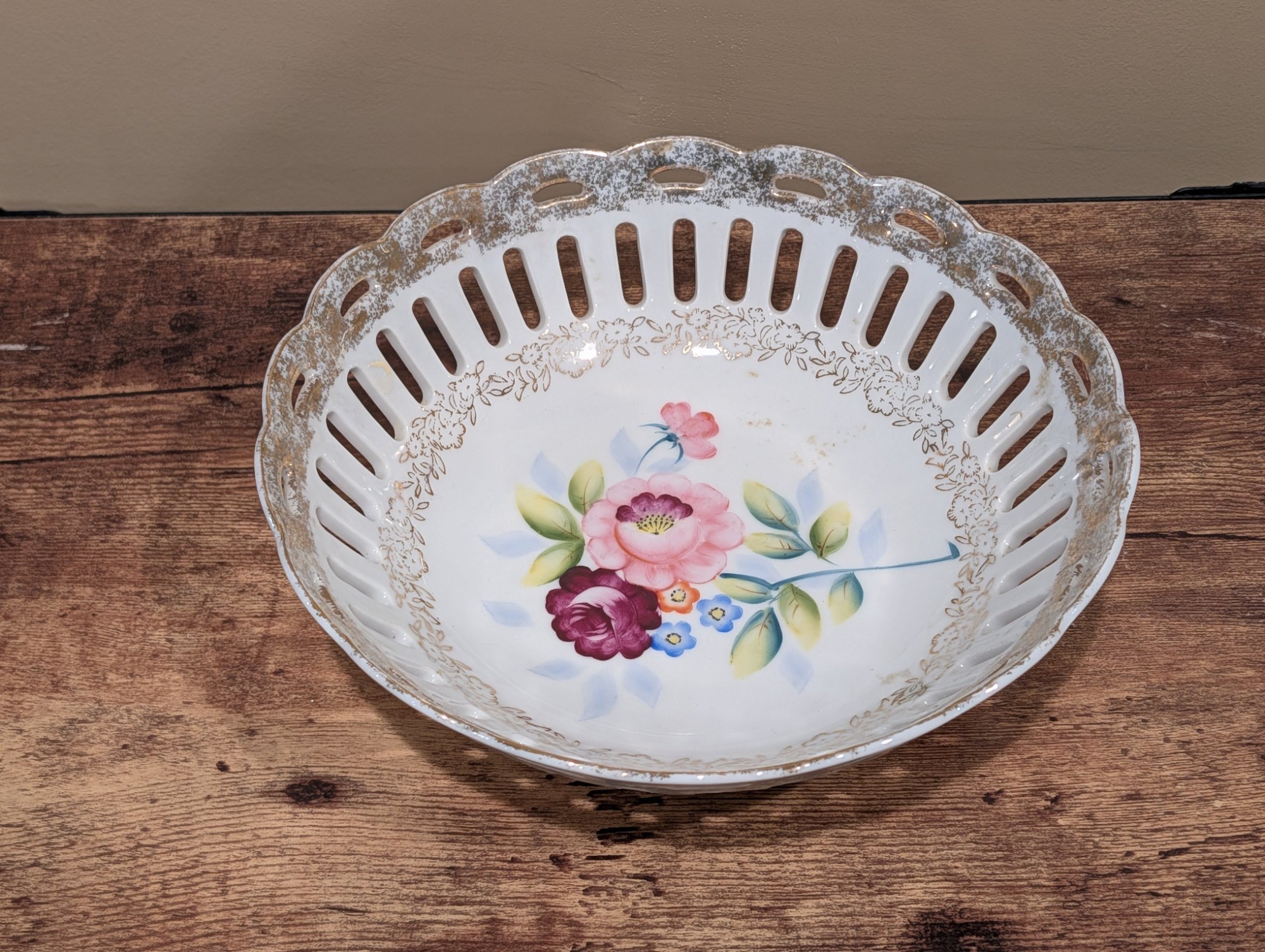 Antique Porcelain Reticulated Bowl Hand-Painted Floral Gold Trim