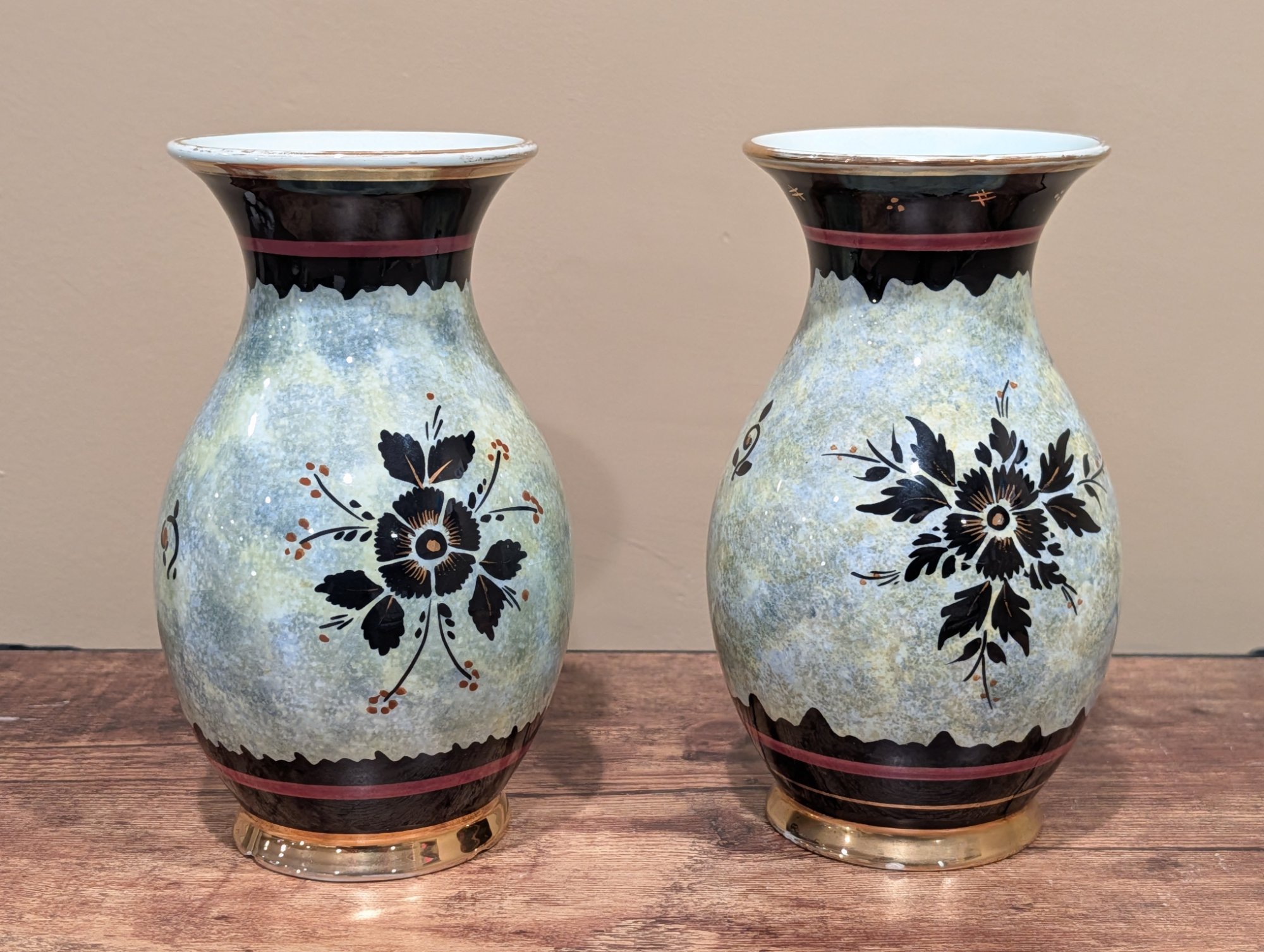 Pair Gouda Holland Hand-Painted Ceramic Vases, Floral Black Gold