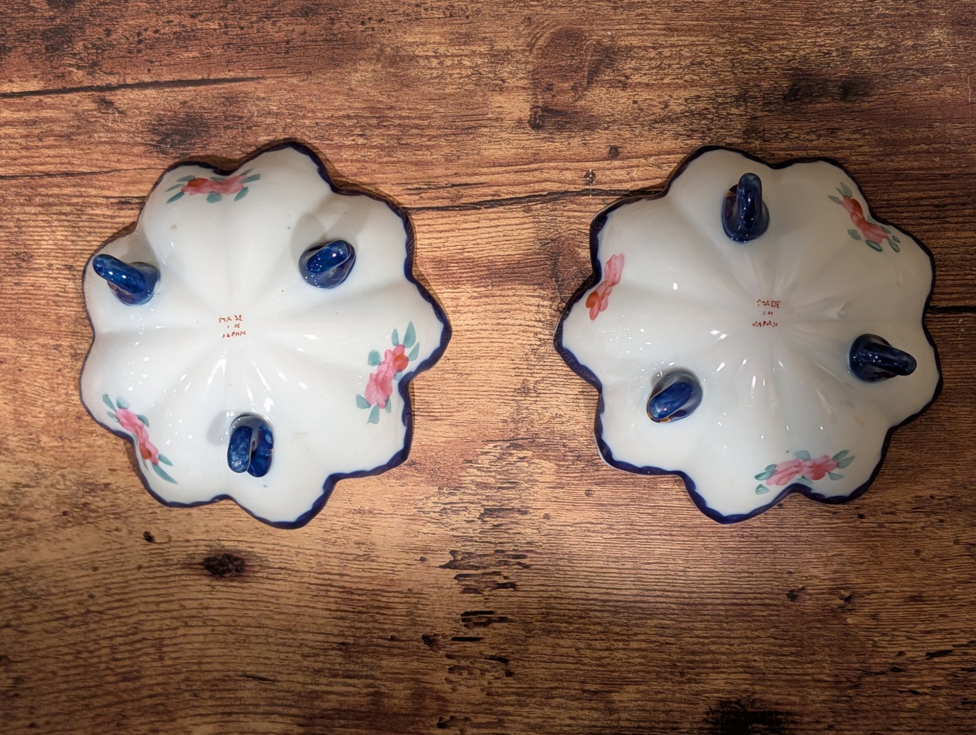 Pair Vintage Made in Japan Porcelain Floral Trinket Dishes Blue Feet