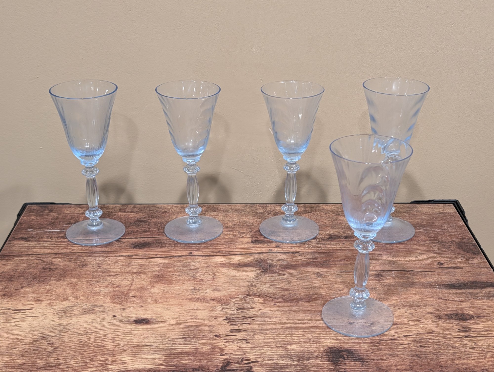Vintage Blue Tinted Crystal Wine Glasses Set of 6 Optic Swirl