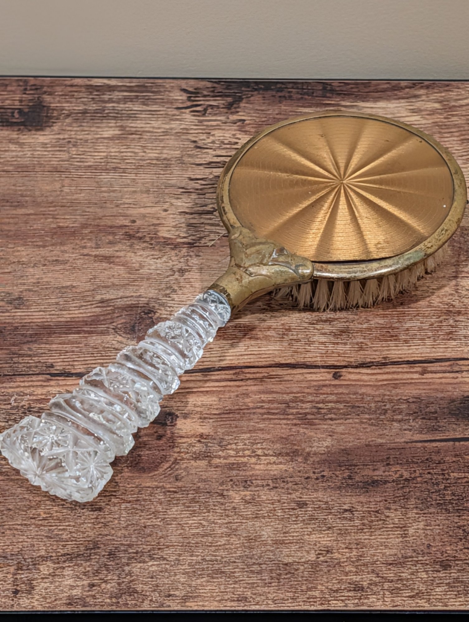 Antique Vanity Hair Brush Gilt Metal and Cut Glass Handle