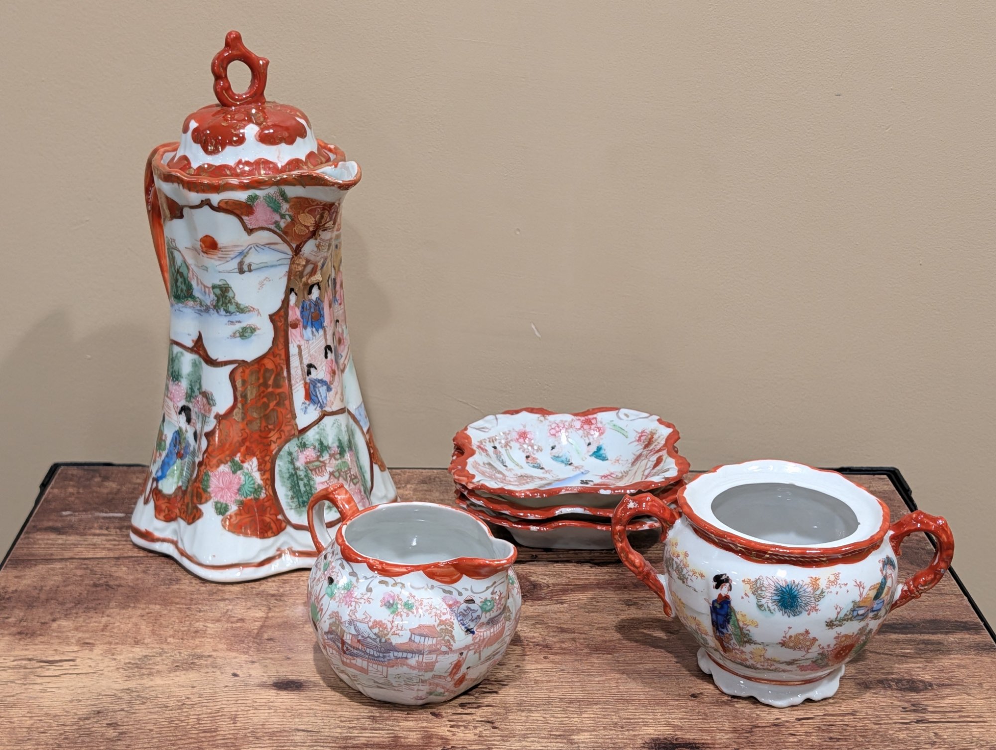 Antique Japanese Kutani Porcelain Tea Set Dishes and Lidded Cup
