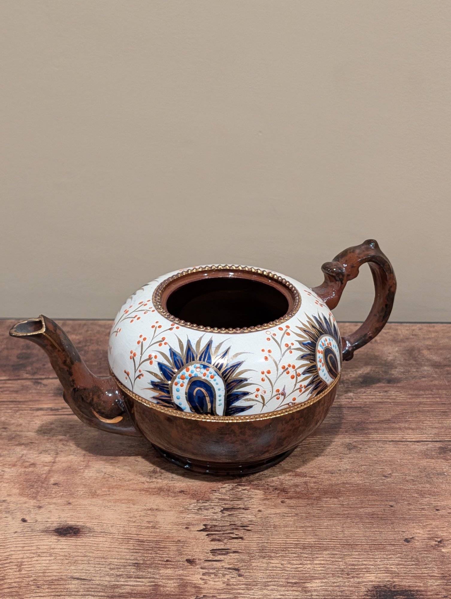 Antique English Majolica-Style Teapot Body, Brown Glaze Floral Decor