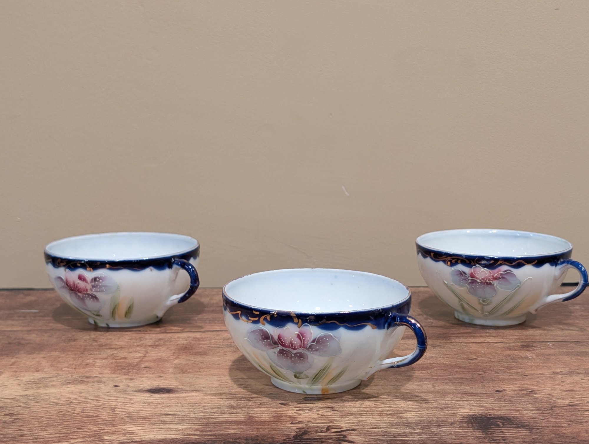 Set of 3 Antique Porcelain Tea Cups Cobalt Blue Iris Floral Gold