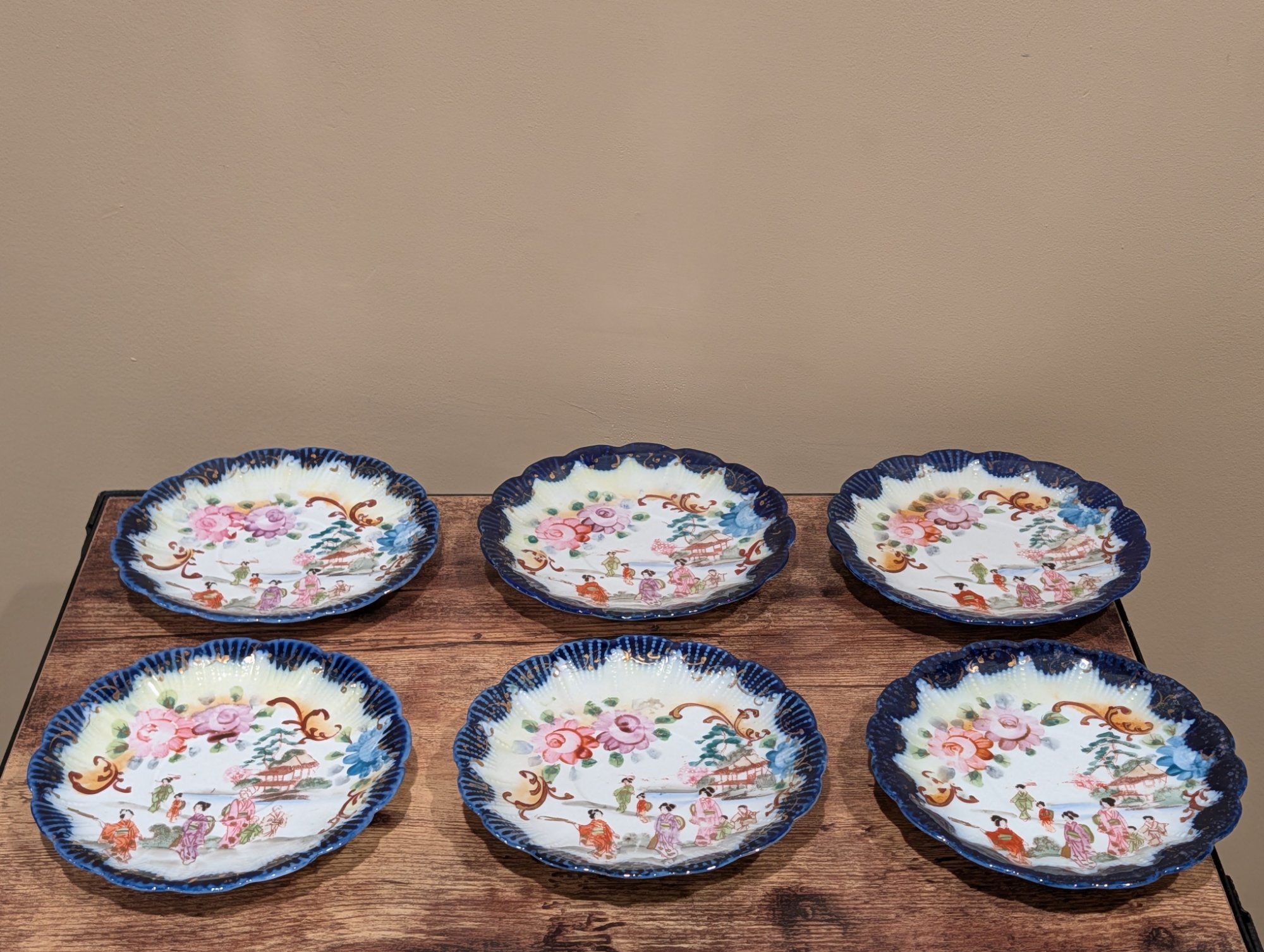 Vintage Japanese Porcelain Plates Set of 7 Blue Geisha Scallop Edge
