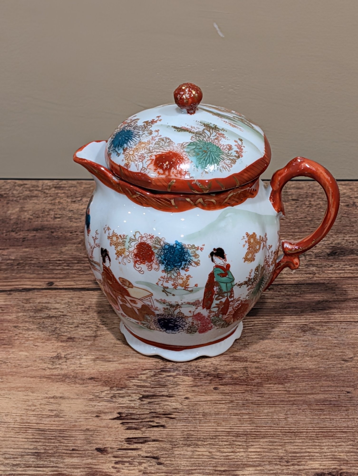 Japanese Kutani Porcelain Lidded Pitcher Geisha Floral Decor