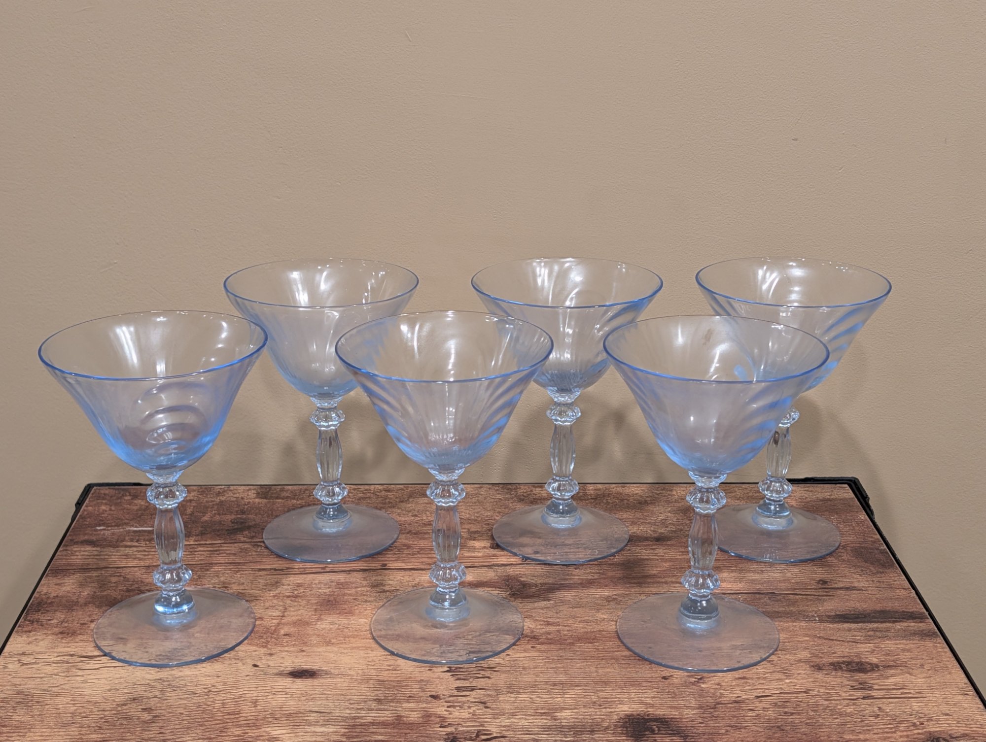 Set of 6 Vintage Blue Depression Glass Cocktail Stems, Swirl Pattern