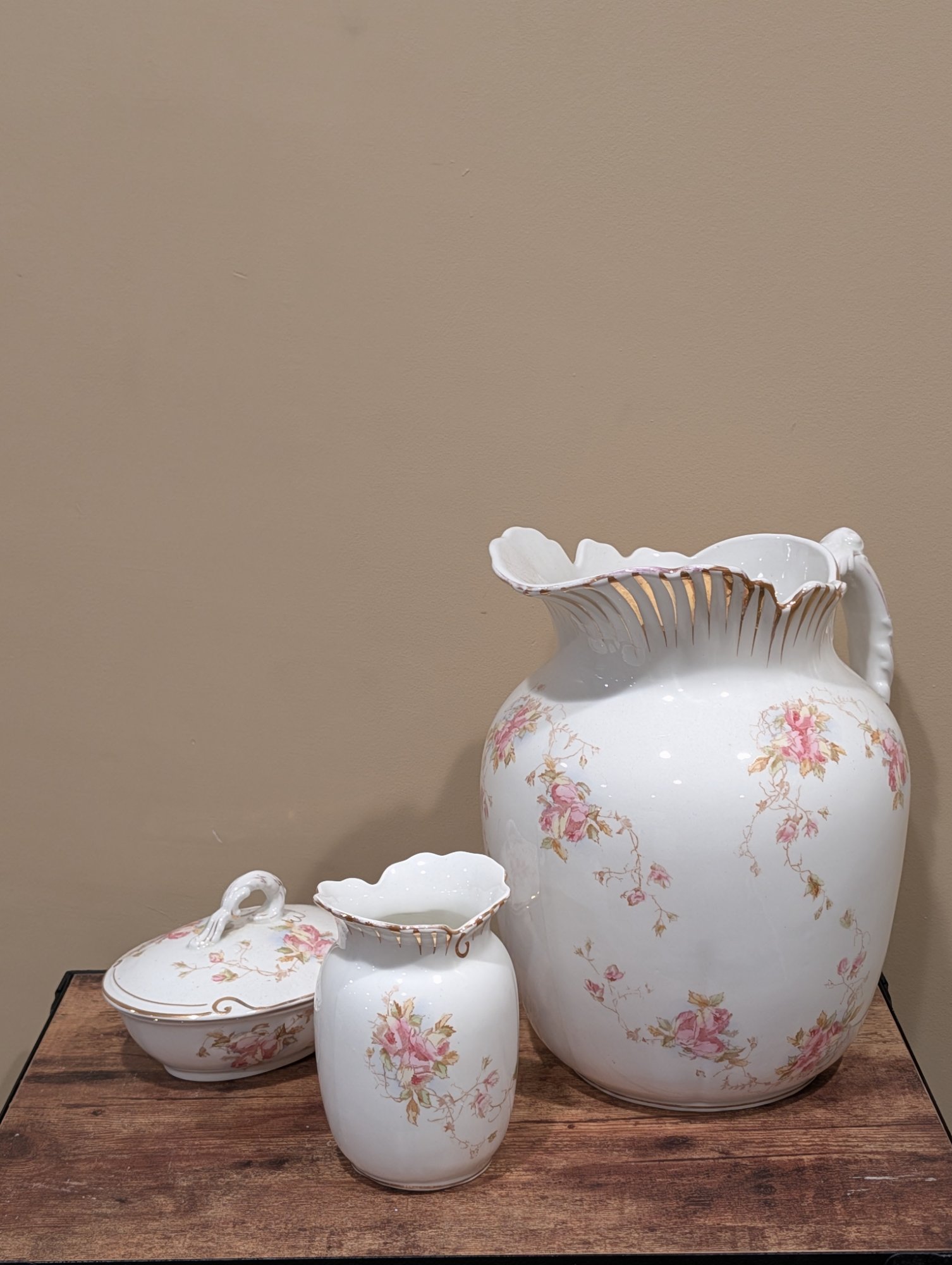 John Maddock & Sons Royal Vitreous Antique Pitcher Set, Pink Roses