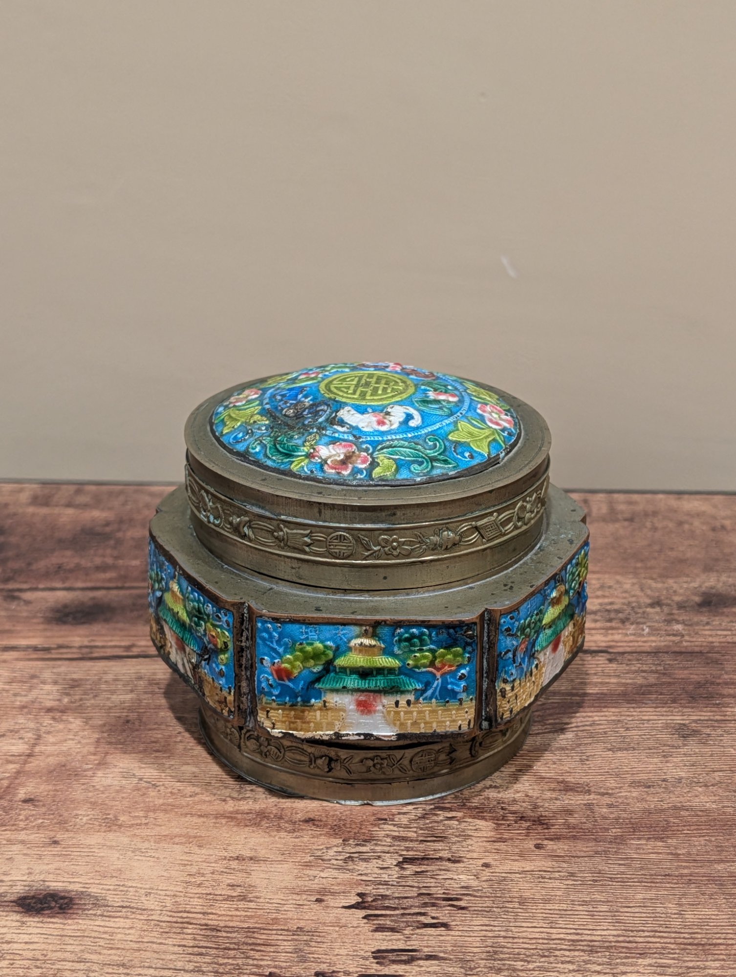 Chinese Cloisonne Enamel Brass Lidded Box, Shou Symbol Floral Decor