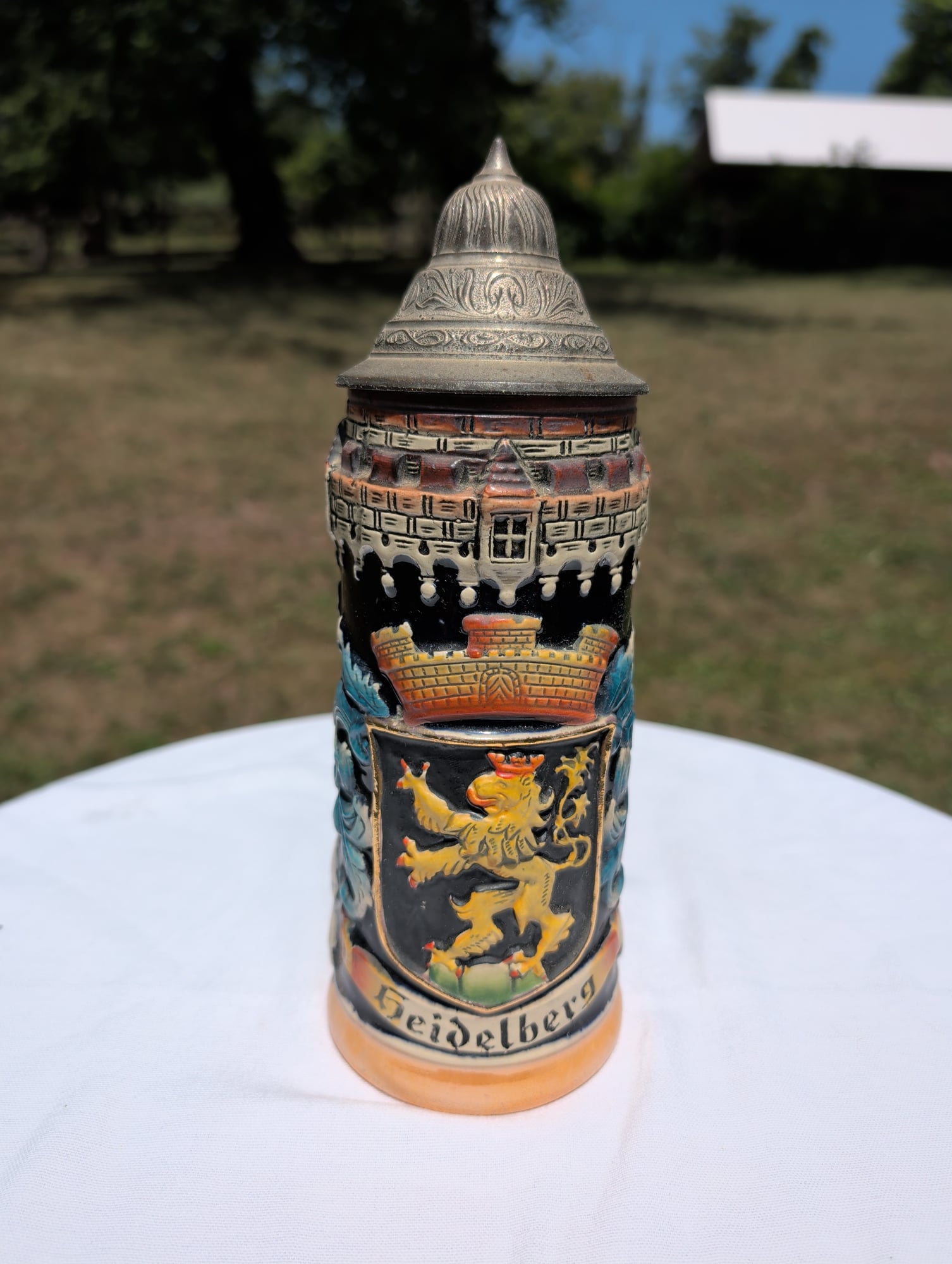 German Heidelberg Stoneware Beer Stein with Pewter Lid Castle Relief