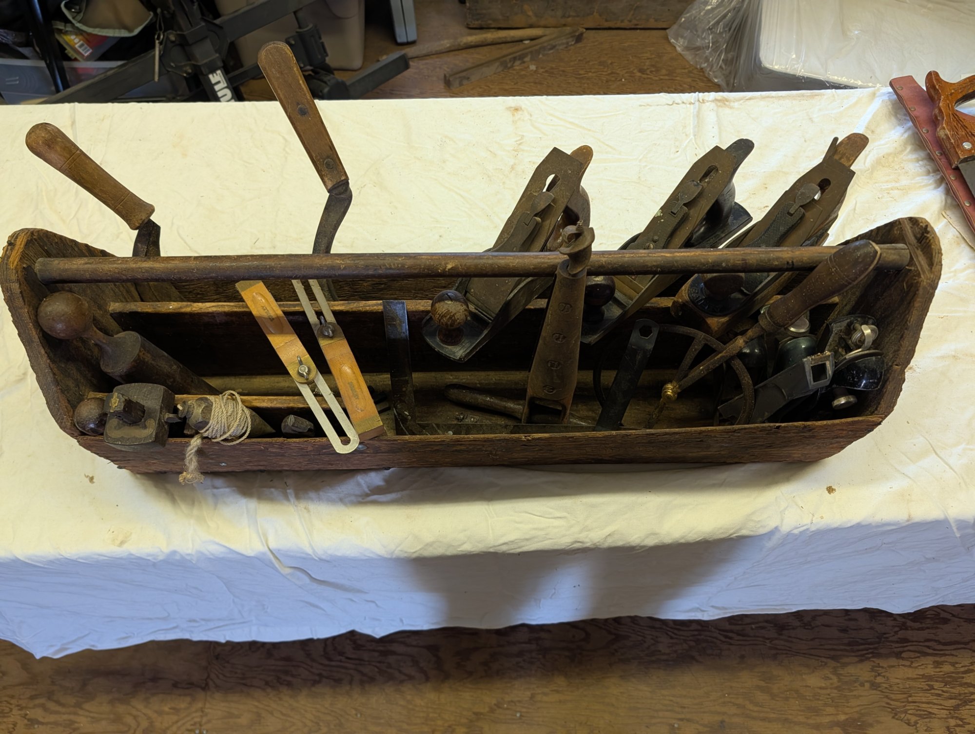 Antique Wooden Carpenter's Tool Tote Box w/ Vintage Hand Tools Collection