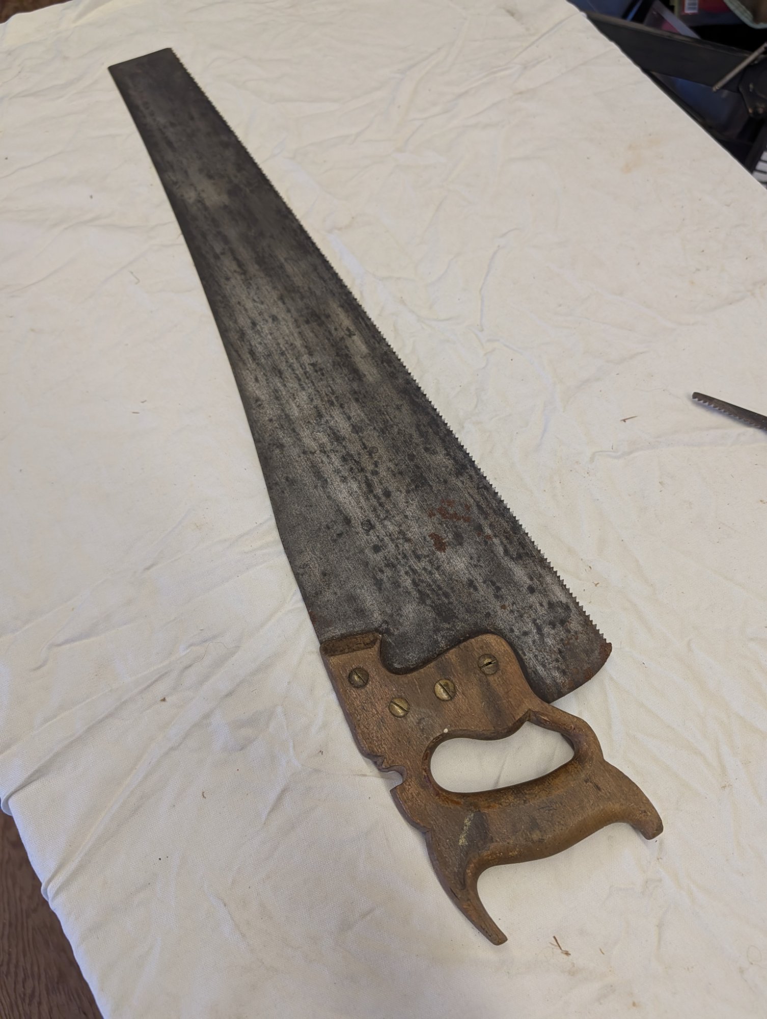 Antique Black Diamond Hand Saw Carved Wood Handle Brass Nuts