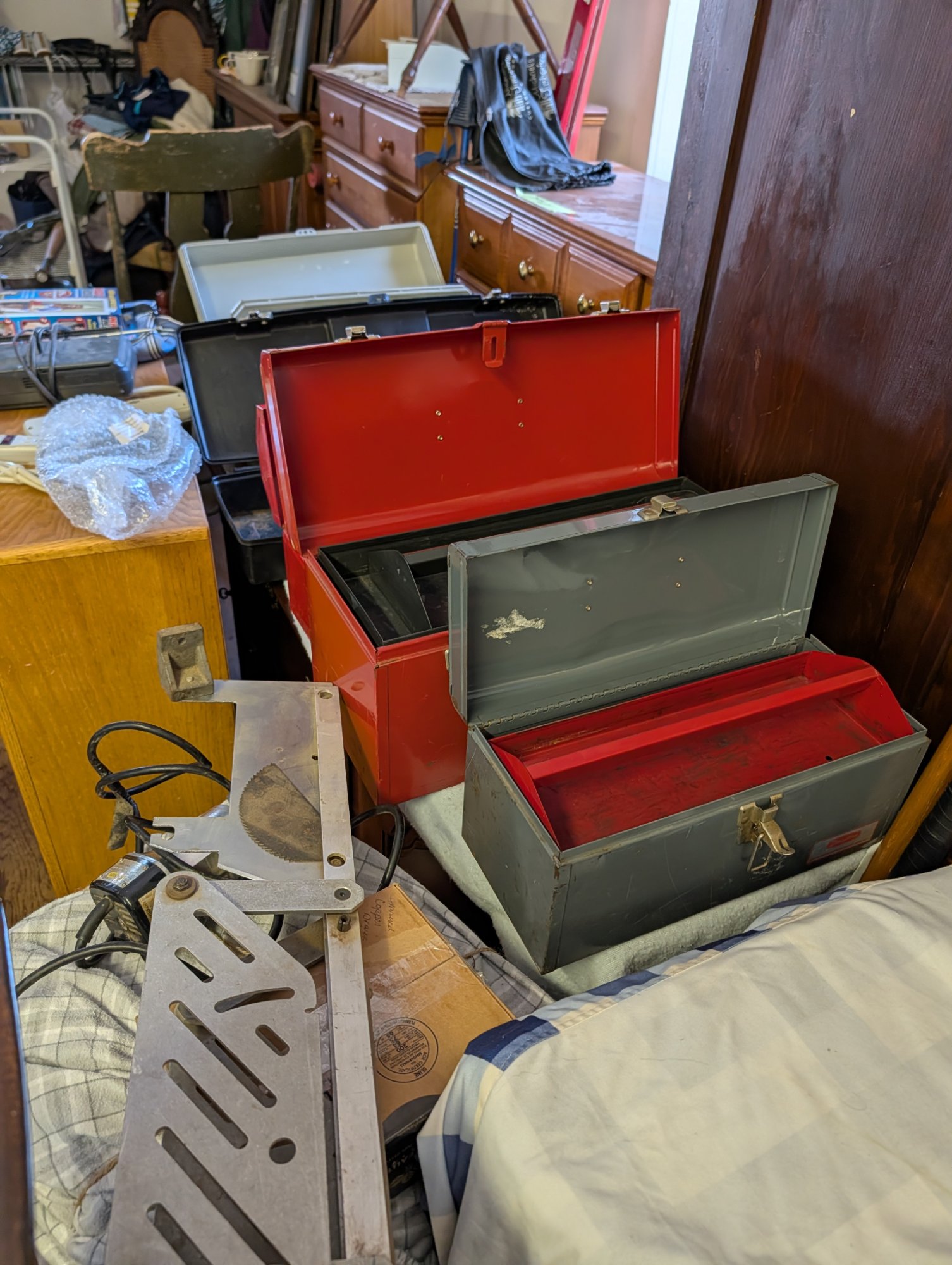 Lot of 4 Vintage Metal & Plastic Toolboxes - Red, Gray, Black
