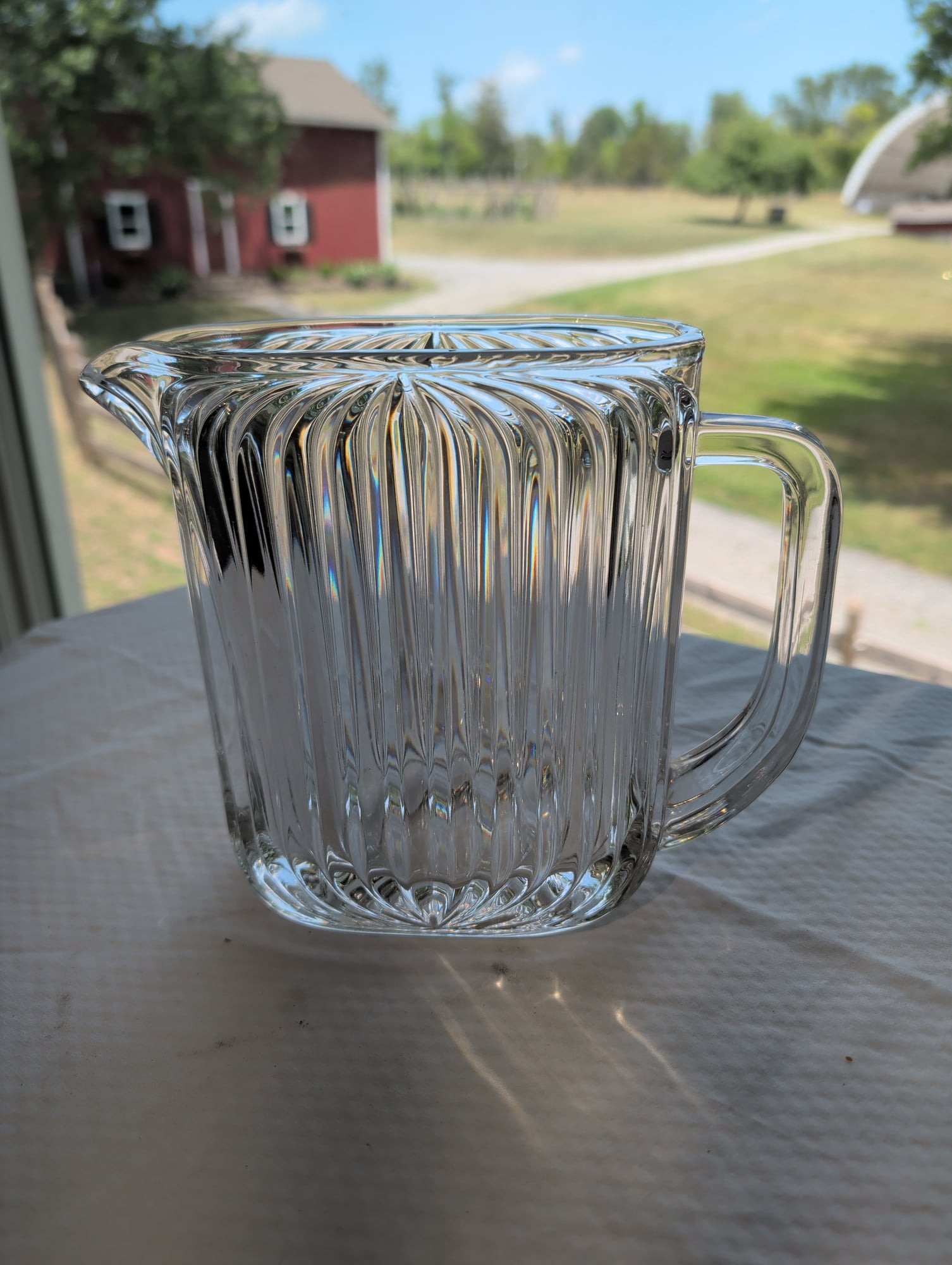 Clear Crystal Glass Pitcher Ribbed Vertical Stripe Pattern w/ Handle