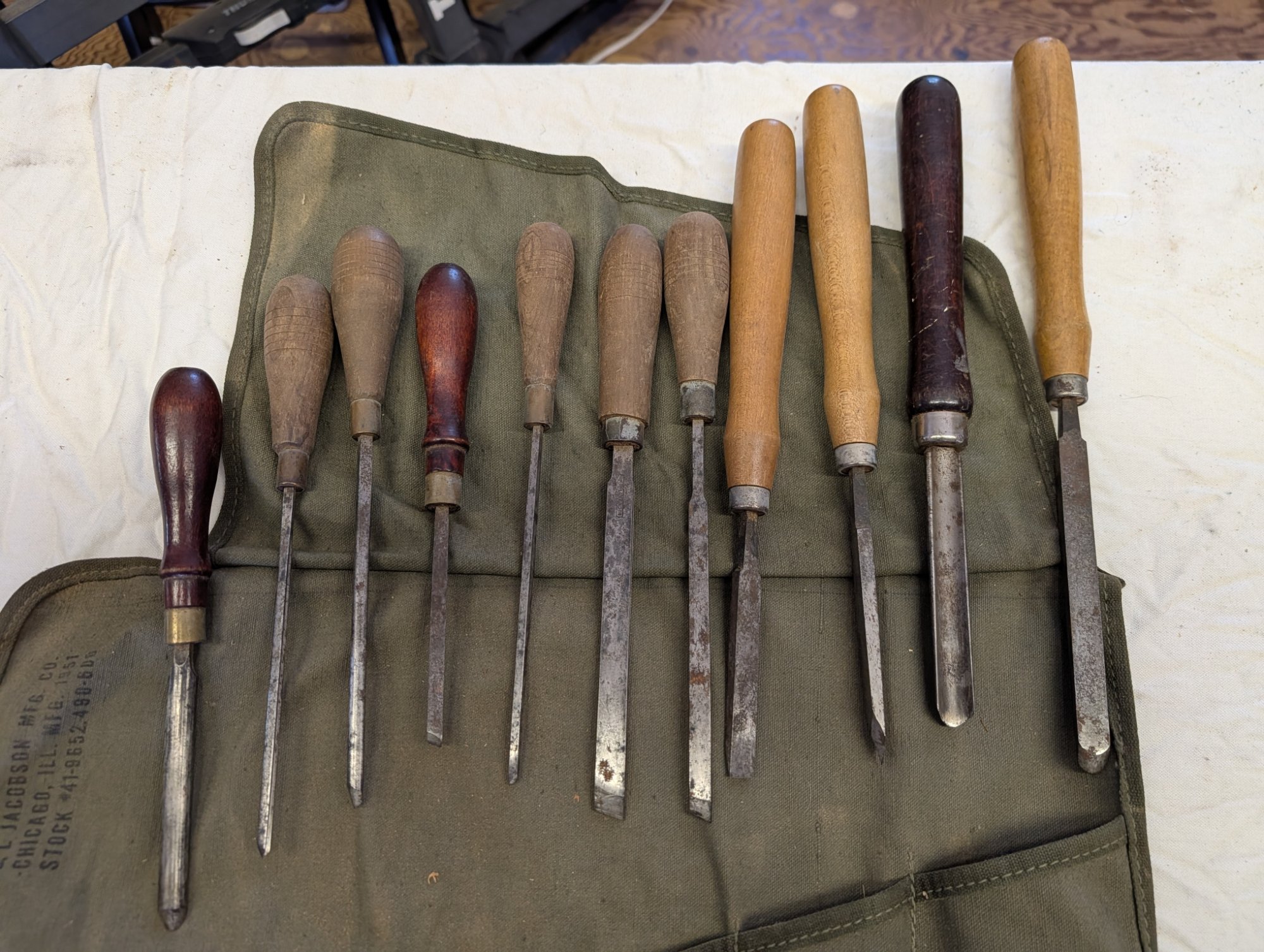 Antique S.L. Jacobson Mfg. Co. Wood Chisel Set 9pc w/ Canvas Roll - Chicago IL