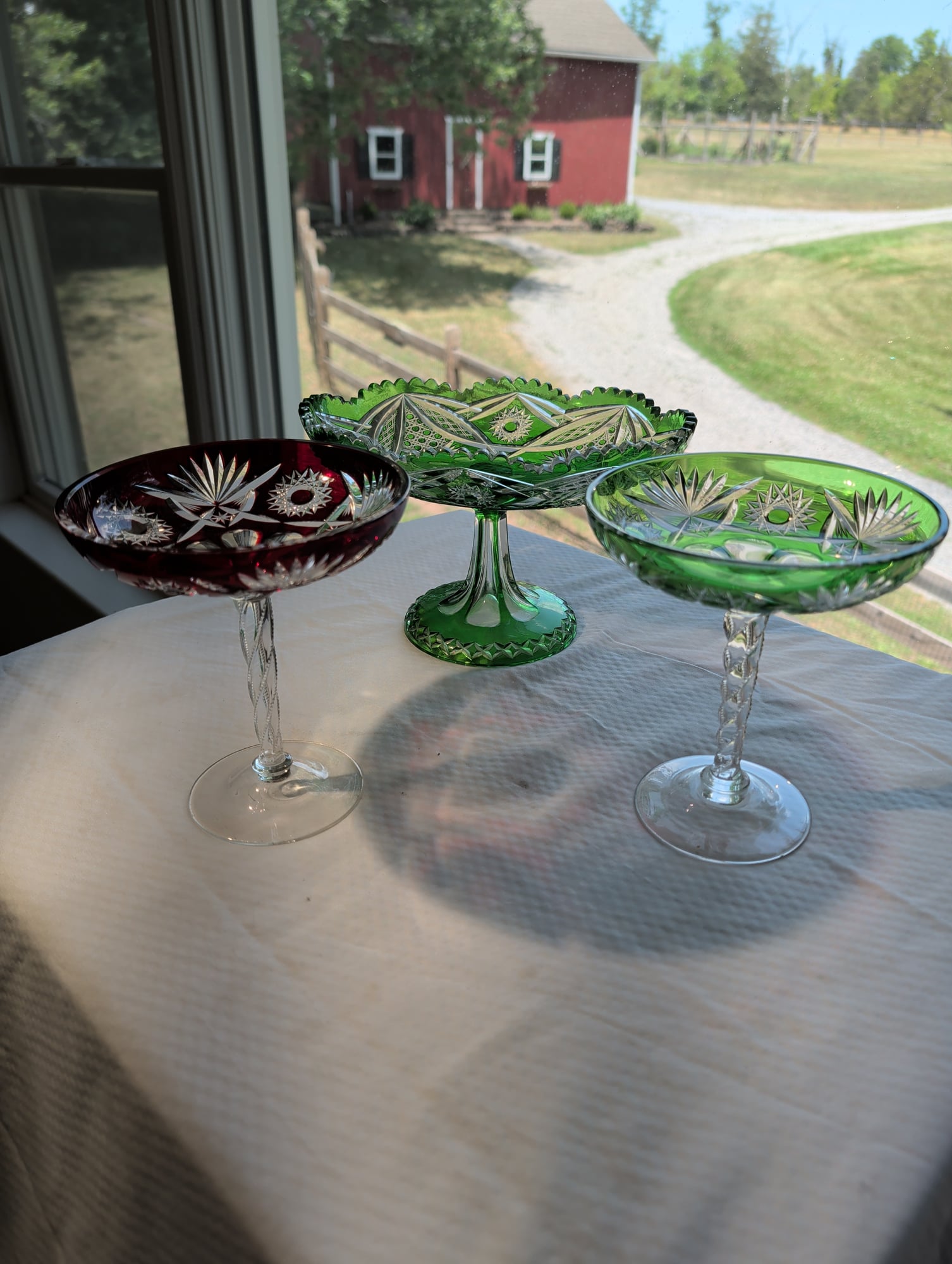 Bohemian Cut Crystal Compotes Set of 3 Ruby & Emerald Green