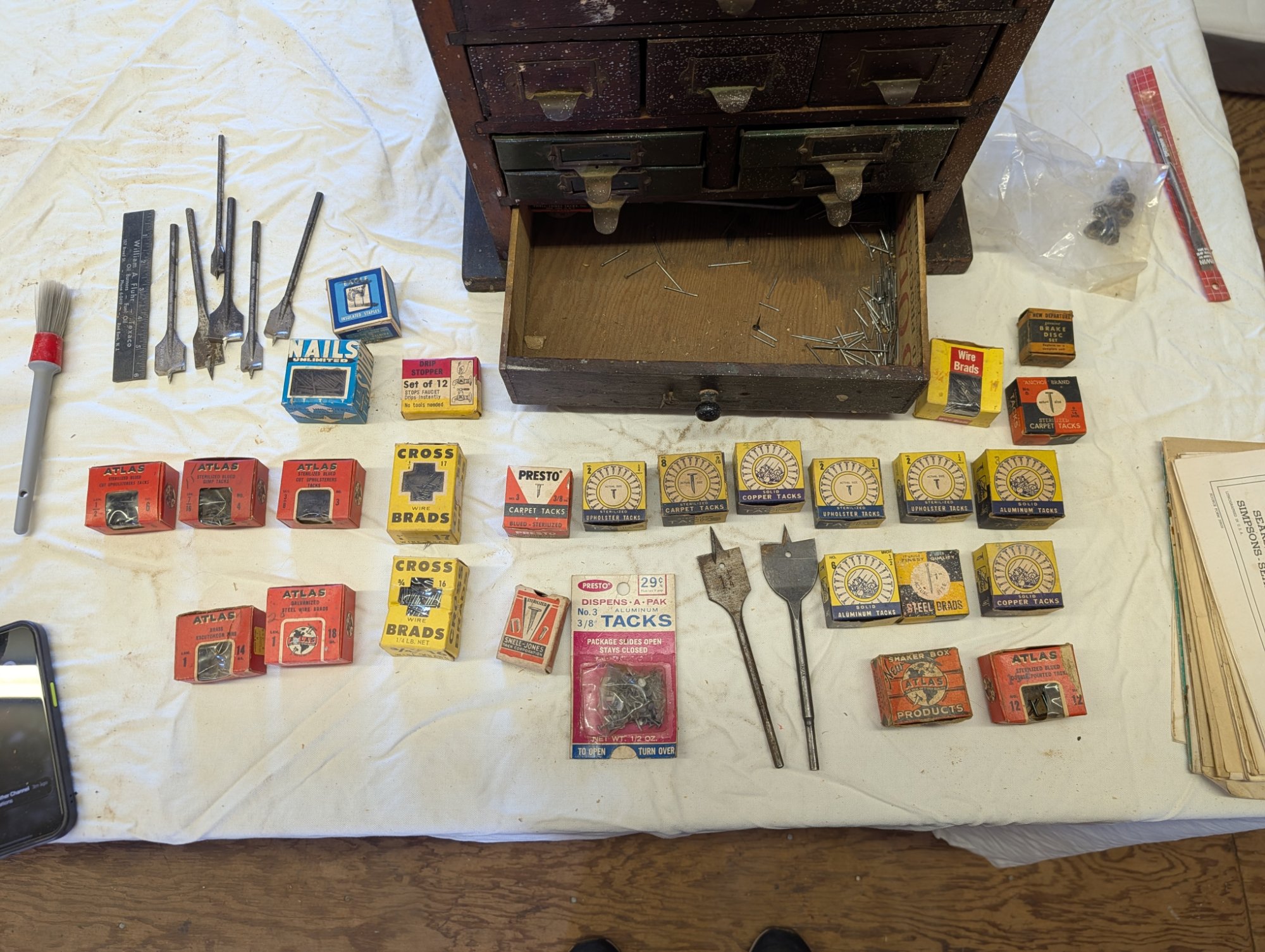Antique Wood Multi-Drawer Tool Chest w/ Vintage Hardware & Tacks Lot