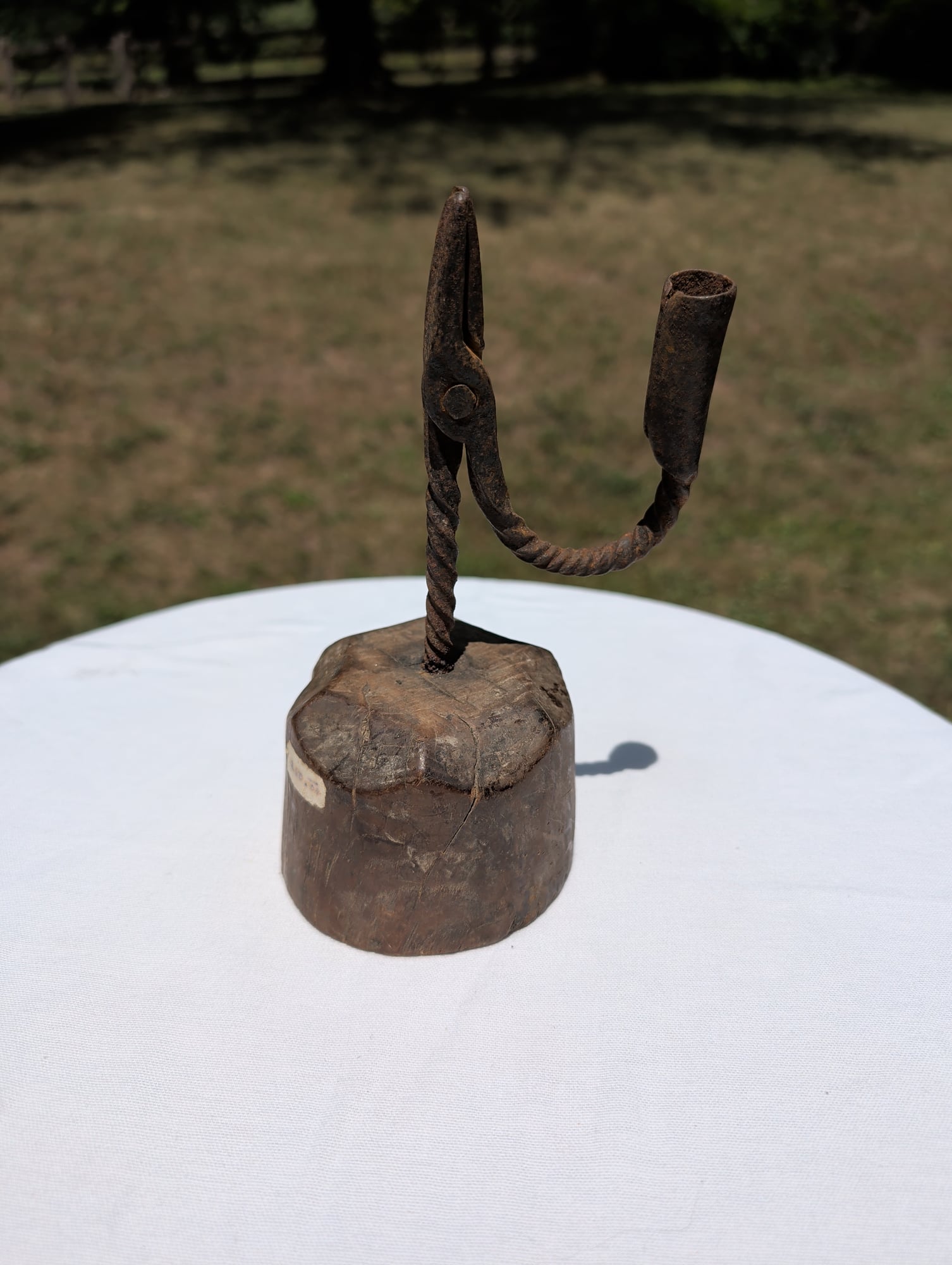 Antique Hand-Forged Iron Rush Light / Candle Holder on Wood Block