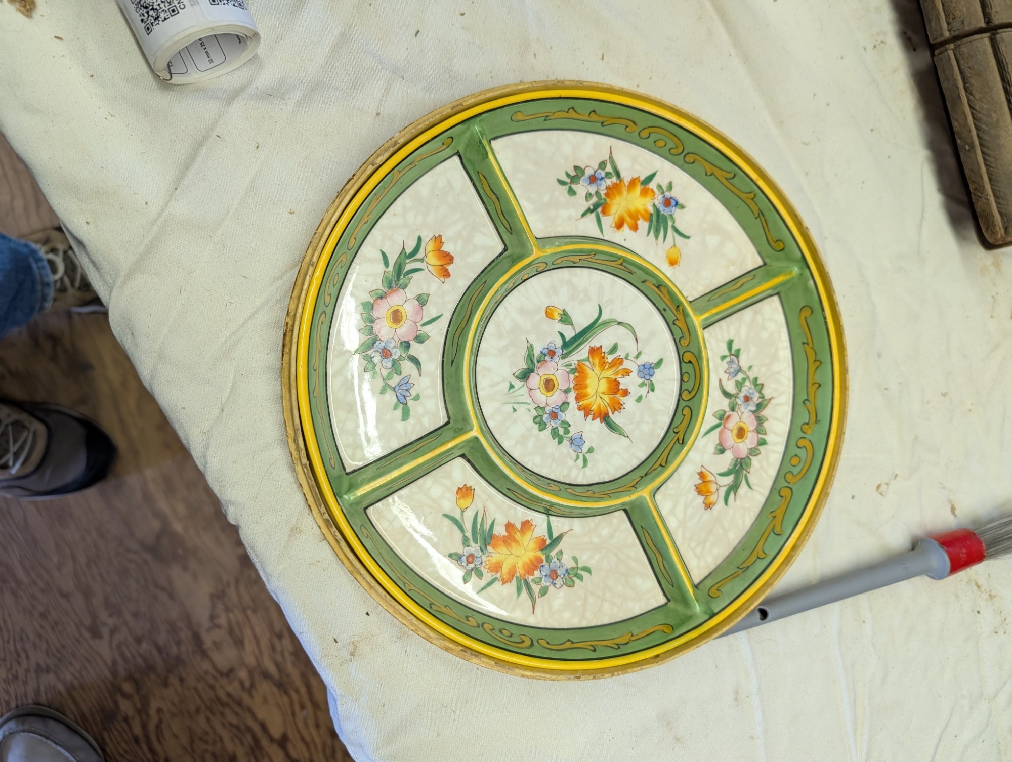 Vintage Hand-Painted Divided Ceramic Plate Floral Green Yellow
