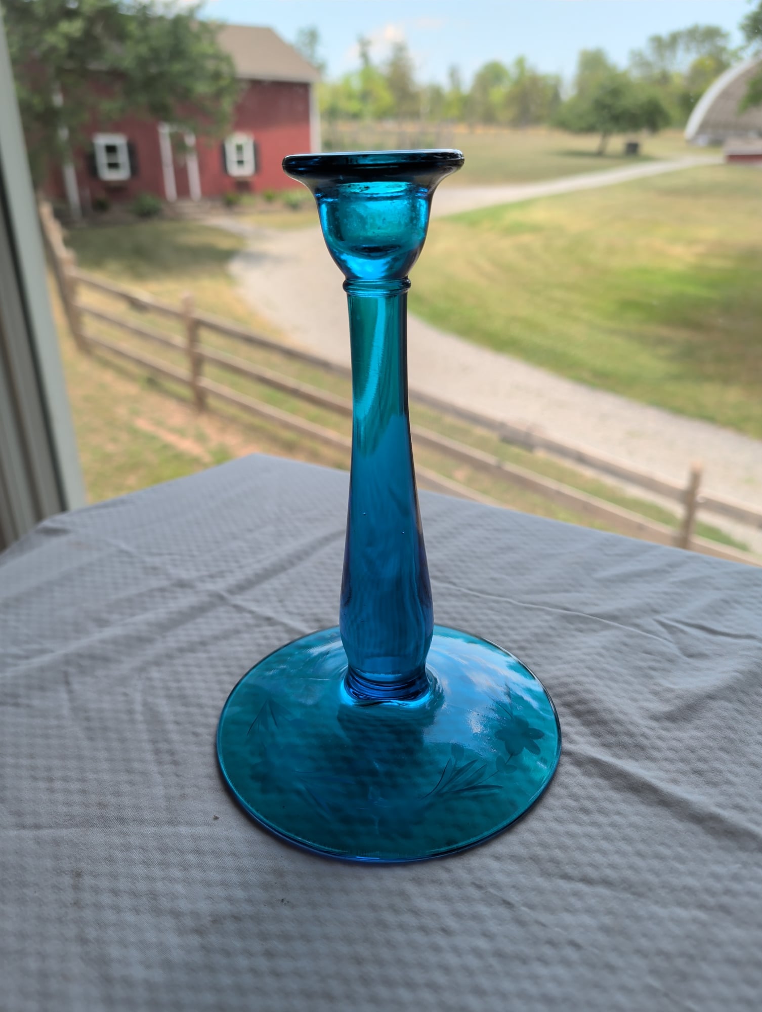 Vintage Teal Blue Glass Candlestick Holder Etched Floral Base