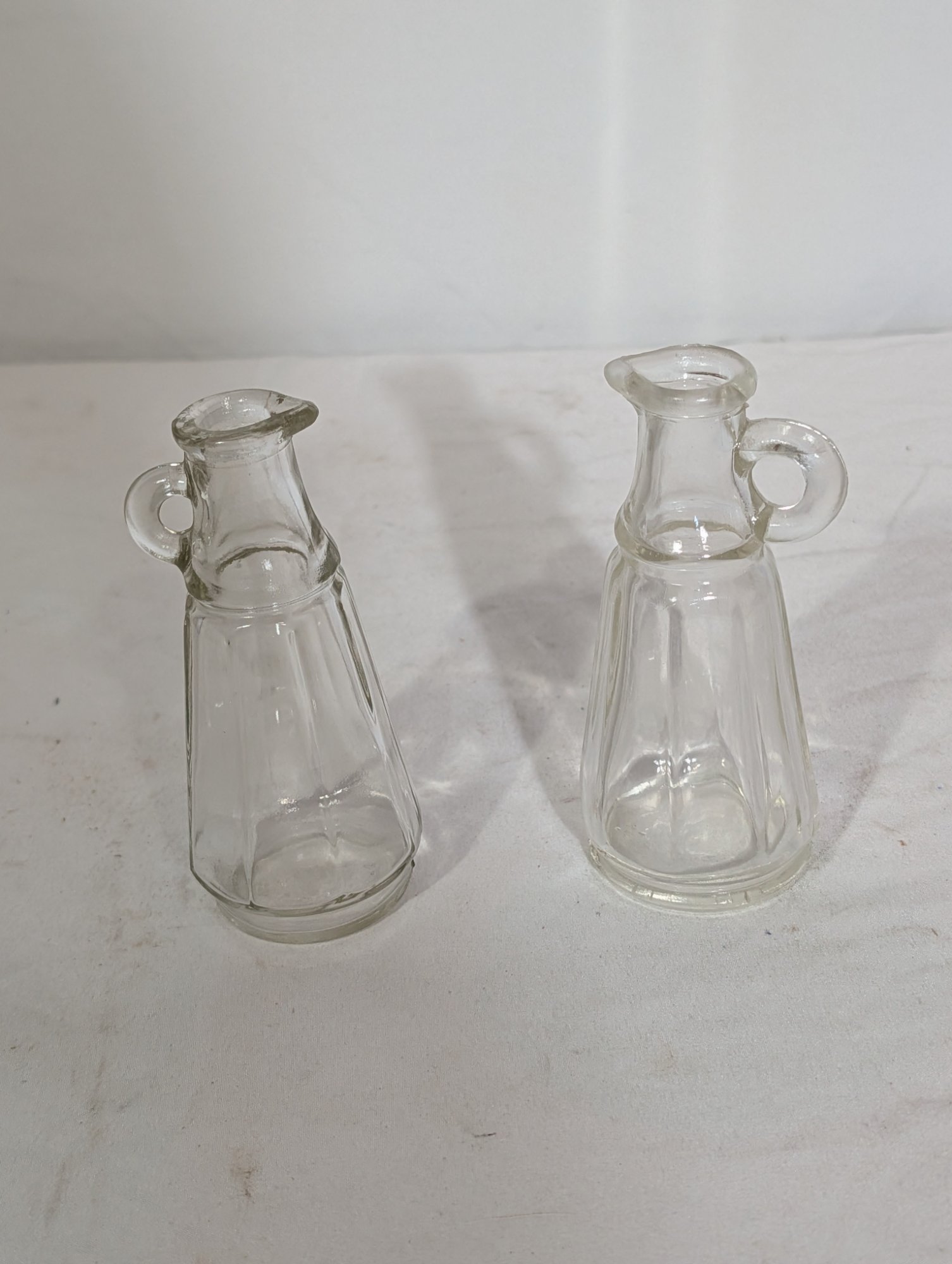 Pair Antique Glass Cruet Oil Vinegar Bottles Ring Handle