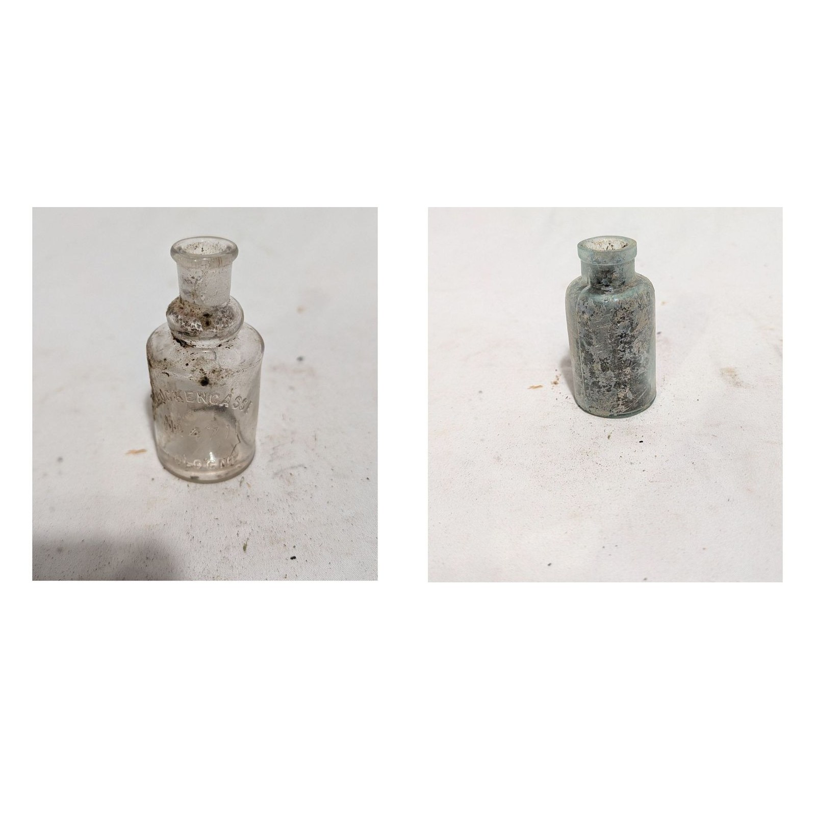 Antique Dug Glass Bottles Lot 2 Aqua Ink 4711 Cologne Embossed 1800s Dig Find
