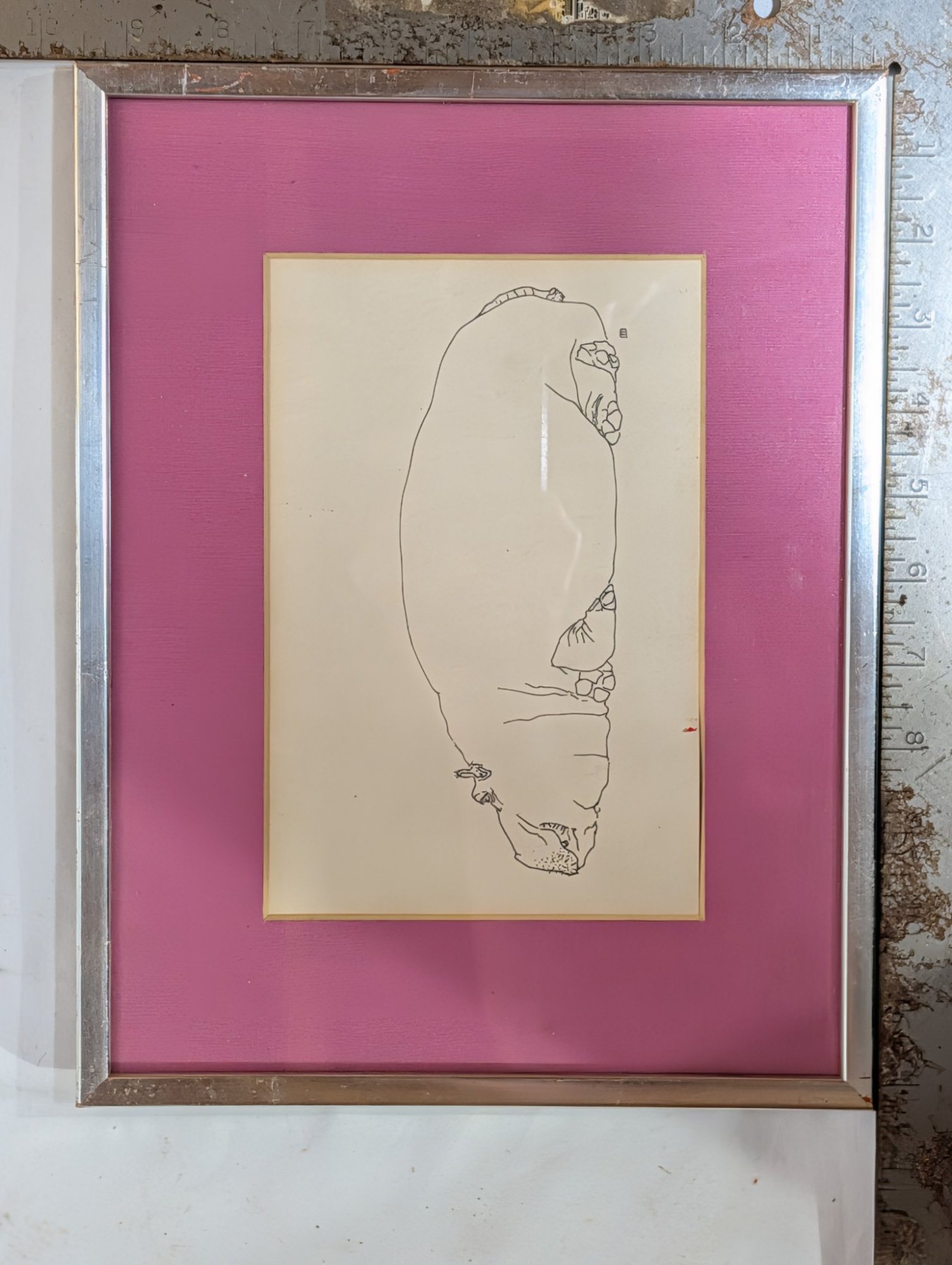 Framed Hippopotamus Line Drawing, Pink Mat, Silver Frame, Back Marked 2/16