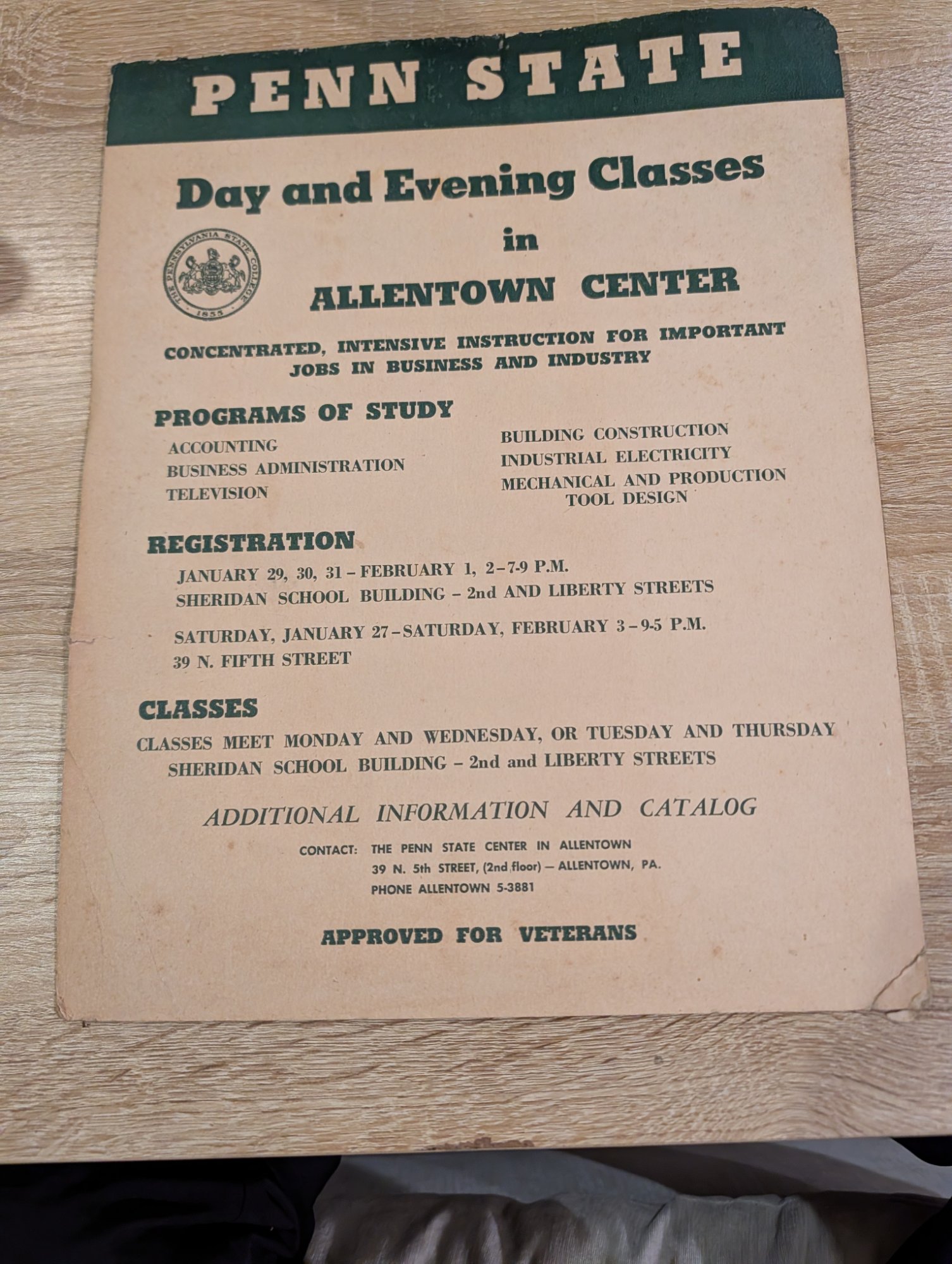 Penn State Allentown Center 1951 Class Flyer GI Bill Veterans TV Industrial Trad