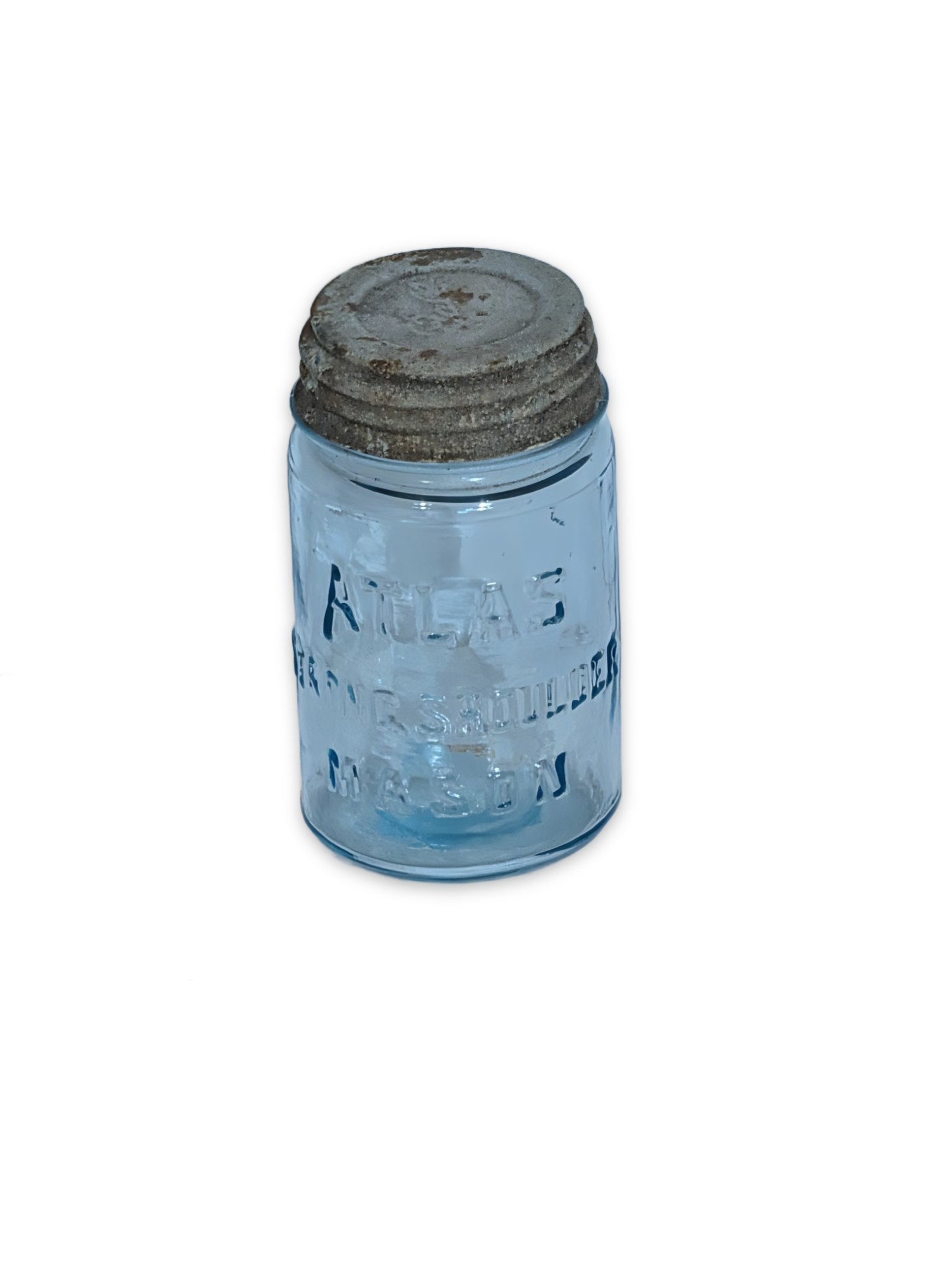 Vintage Atlas Strong Shoulder Mason Jar Blue Glass Zinc Lid Half Pint