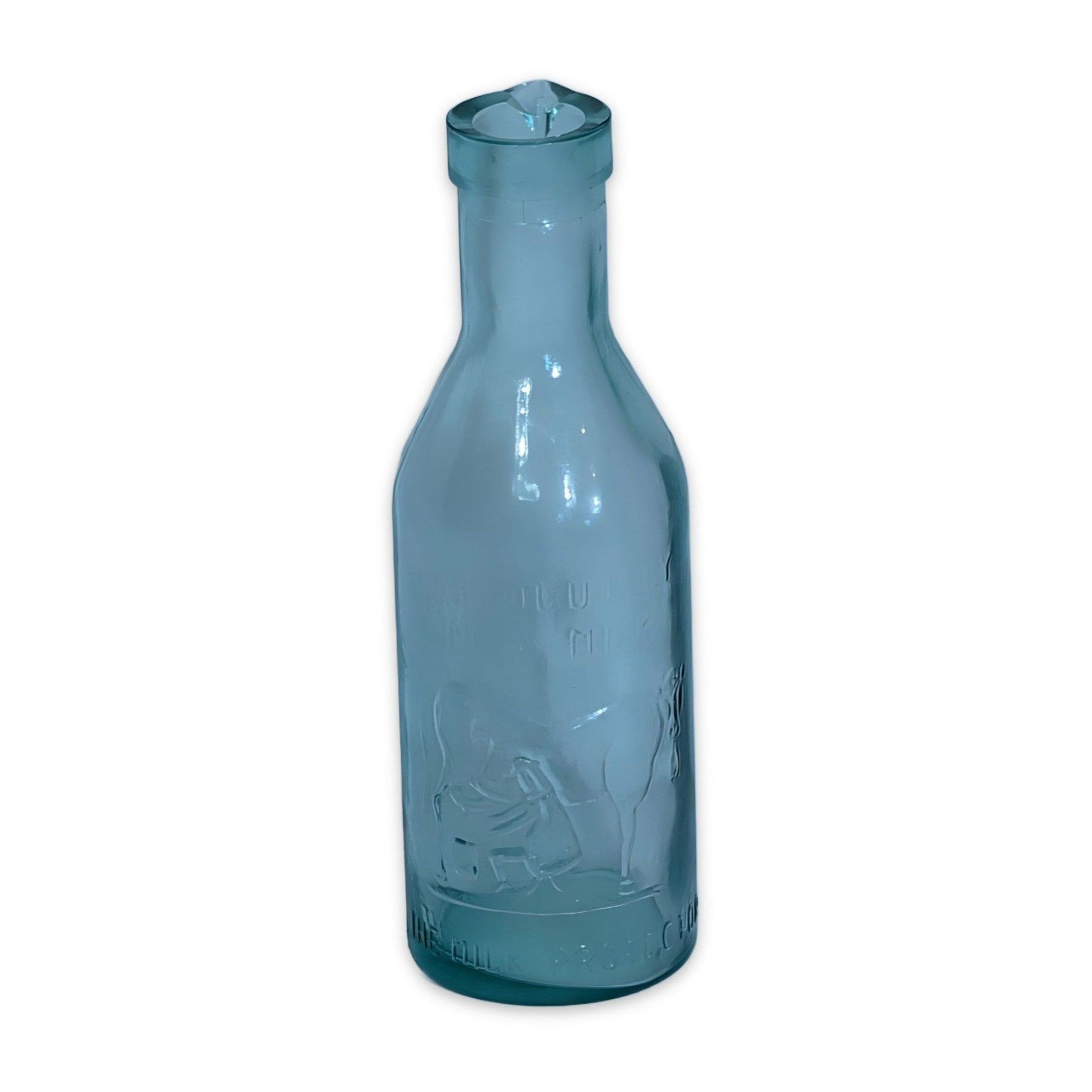 Antique Aqua Glass Milk Bottle Absolutely Pure Milk Protector Embossed Milkmaid