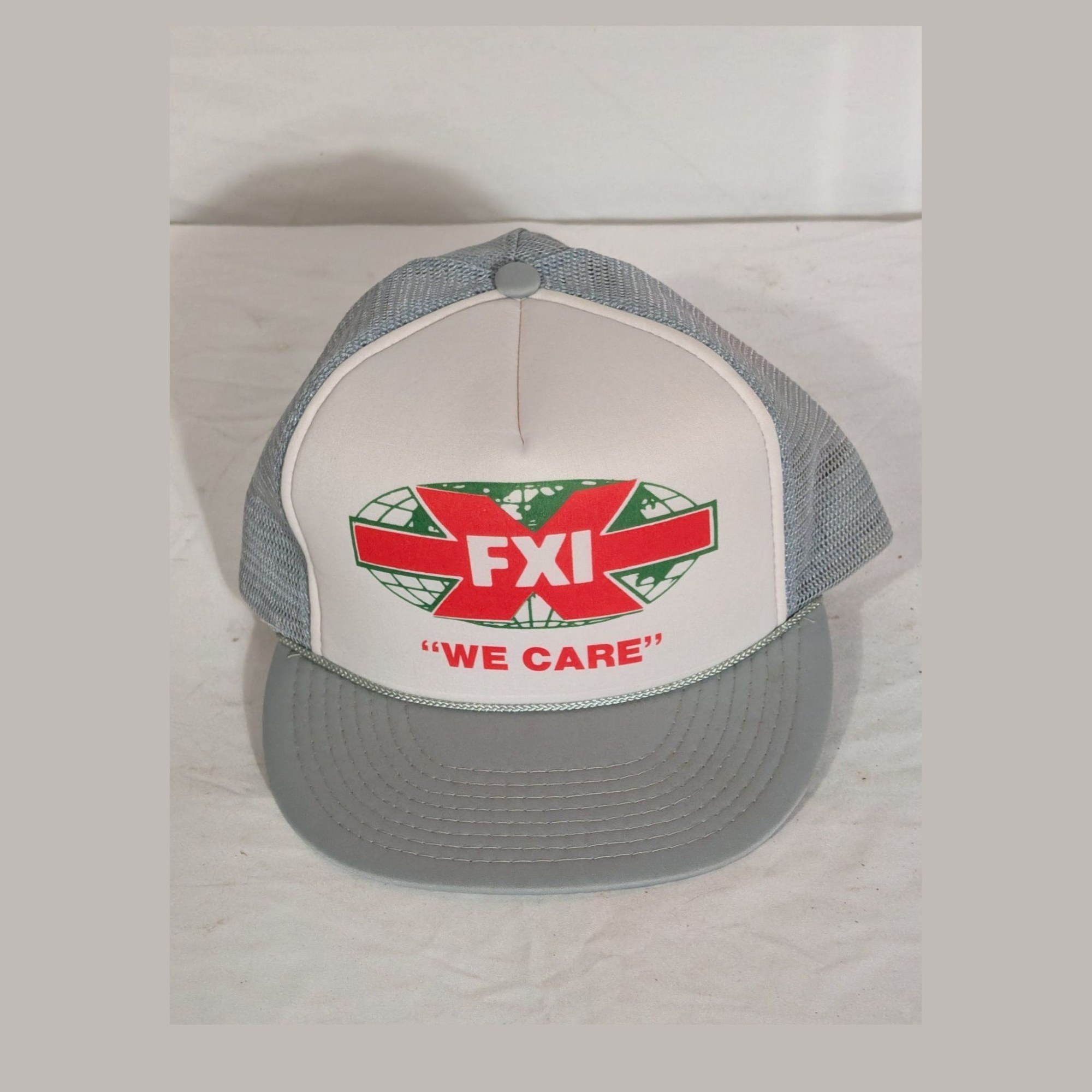 FXI We Care Foam Front Trucker Hat Gray Mesh Rope Brim Snapback Cap Vintage