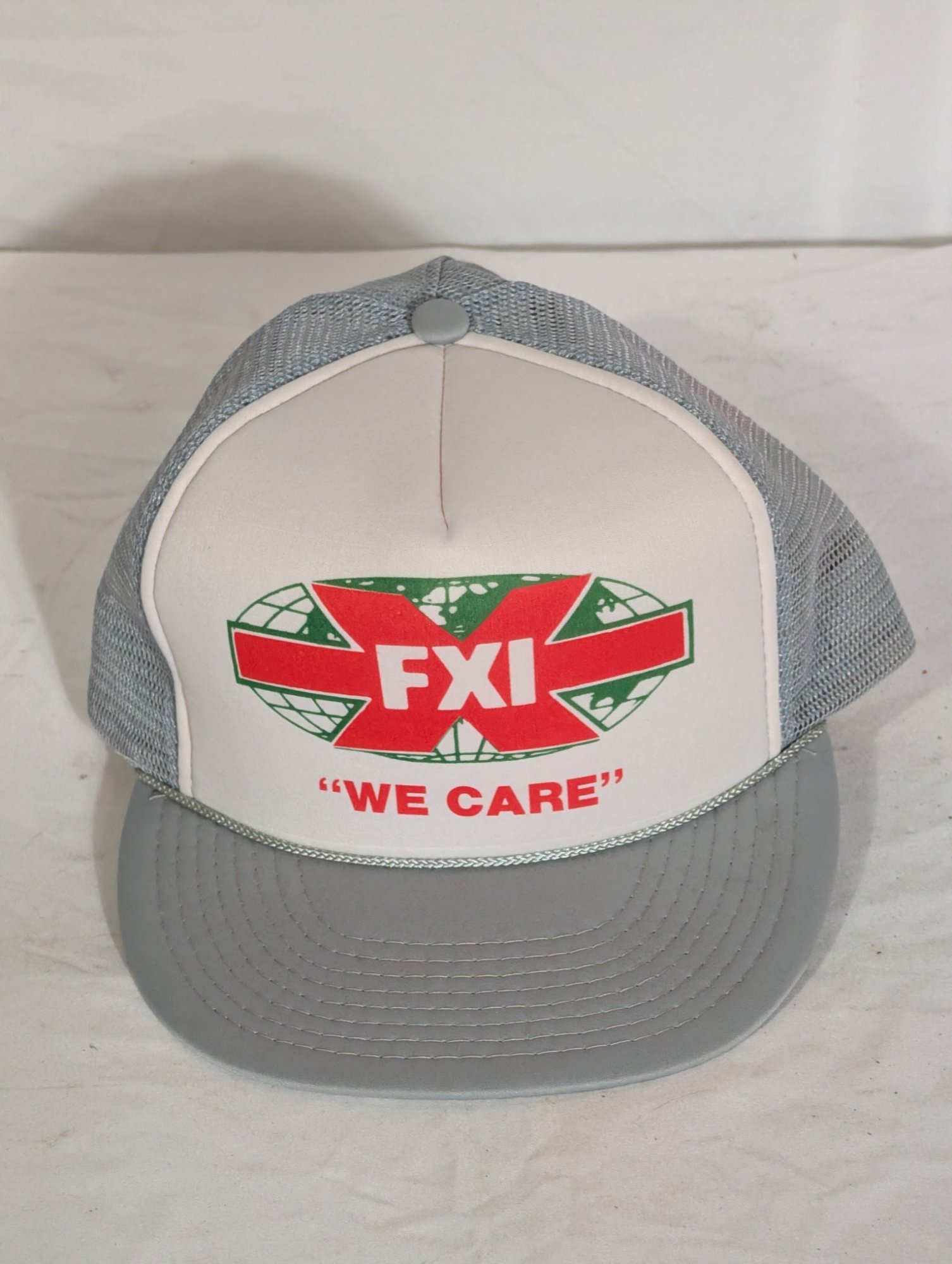FXI We Care Foam Front Trucker Hat Gray Mesh Rope Brim Snapback Vintage Cap