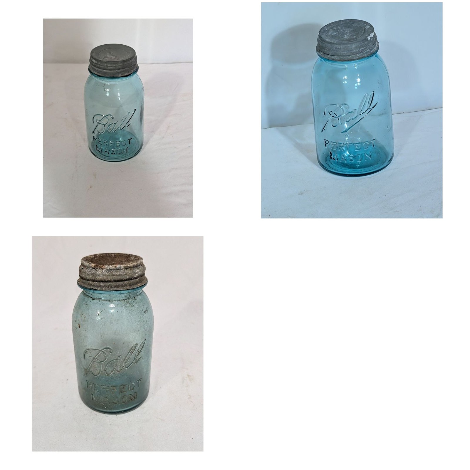 Ball Perfect Mason Aqua Blue Glass Canning Jar Lot 3 Zinc Lid Quart Pint Vintage