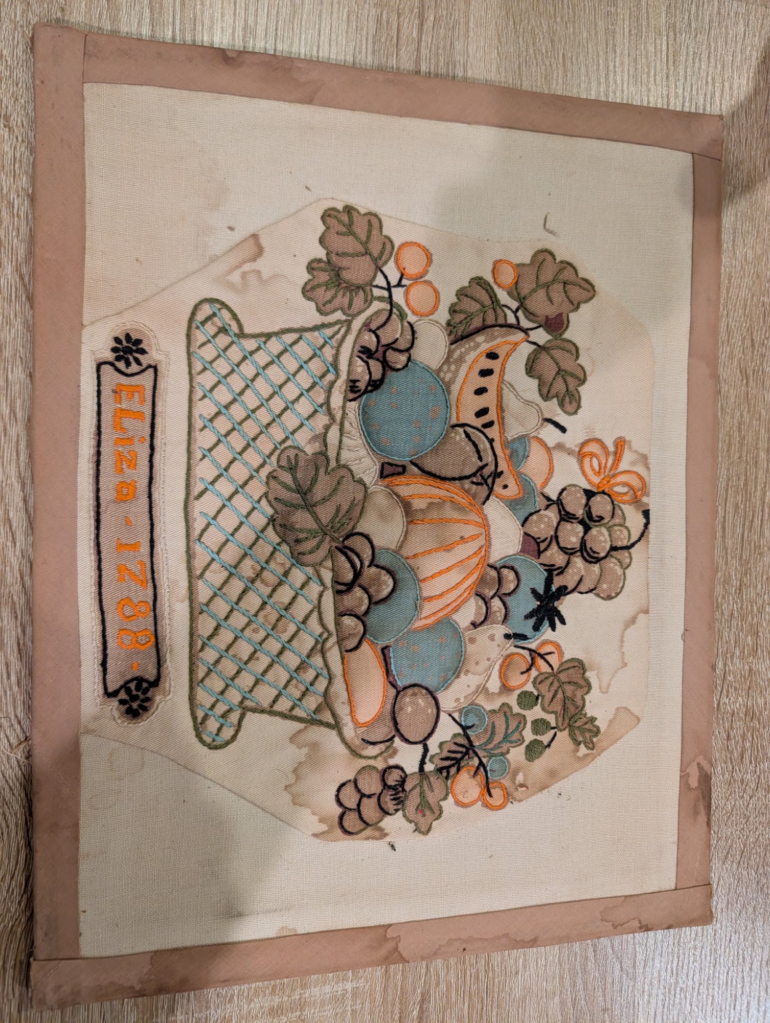 Hand Embroidered Needlework Fruit Basket Panel Signed Eliza Dated Cartouche 14x1