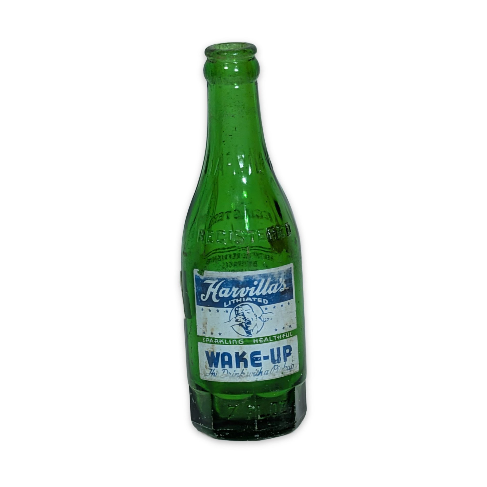 Harvilla's Lithiated Wake-Up Soda Bottle, Vintage Green Glass, 7 fl oz