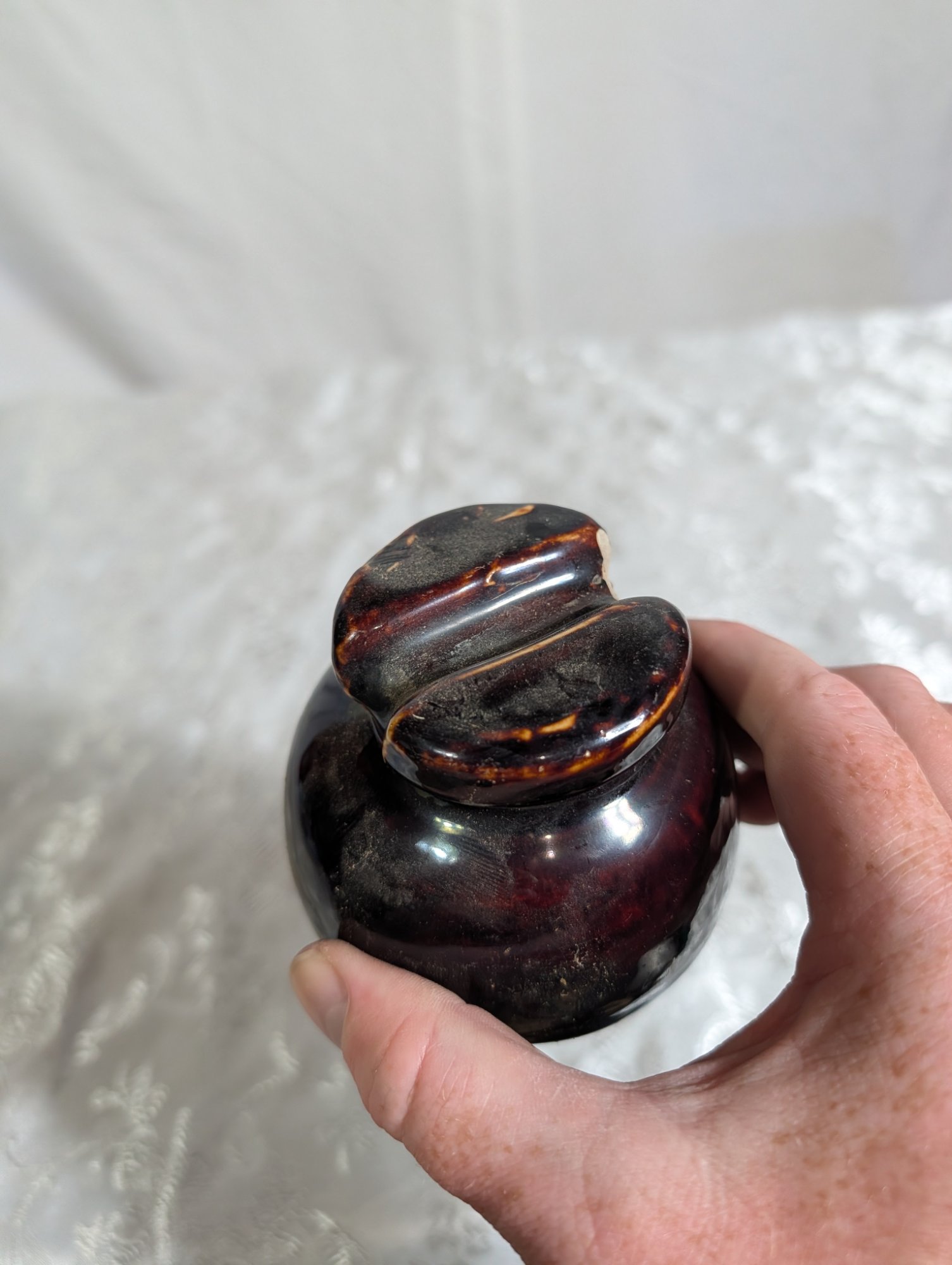 Antique Porcelain Pin Type Line Insulator Oxblood Brown Amber Streaked Glaze