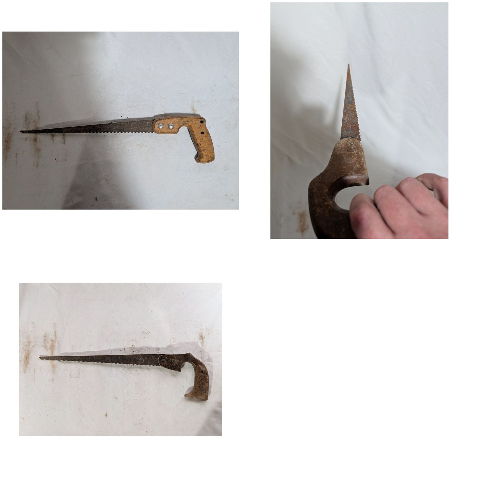 Lot of 3 Vintage Antique Compass Keyhole Saws Wood Handle Tapered Blade