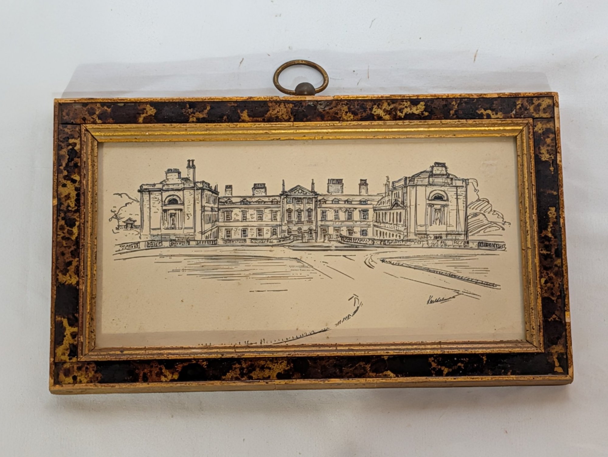 Framed Pen & Ink Manor House Sketch Architectural Drawing Signed ~8in