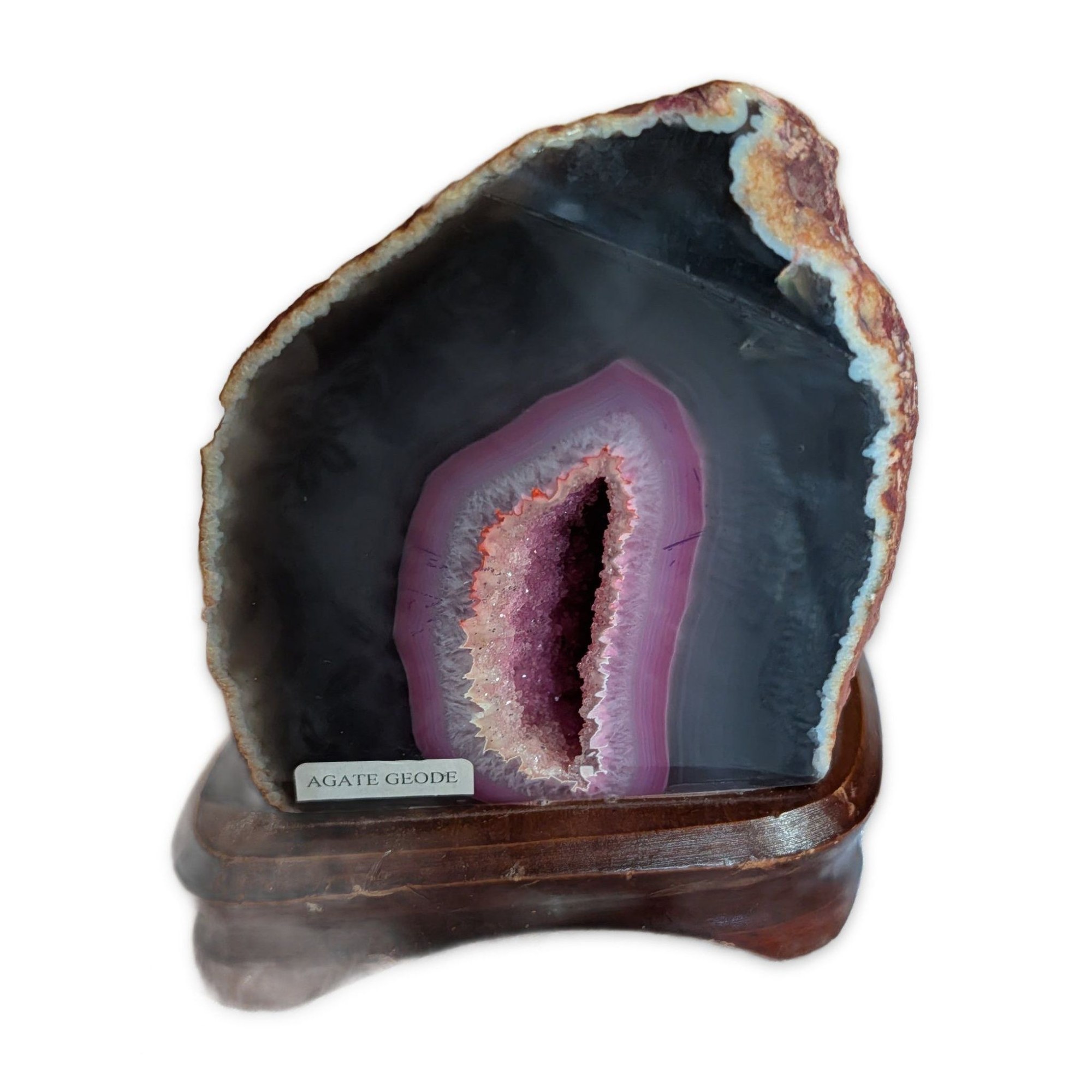 Natural Agate Geode Half Specimen Purple Pink Druzy Crystal Cave Wood Display St