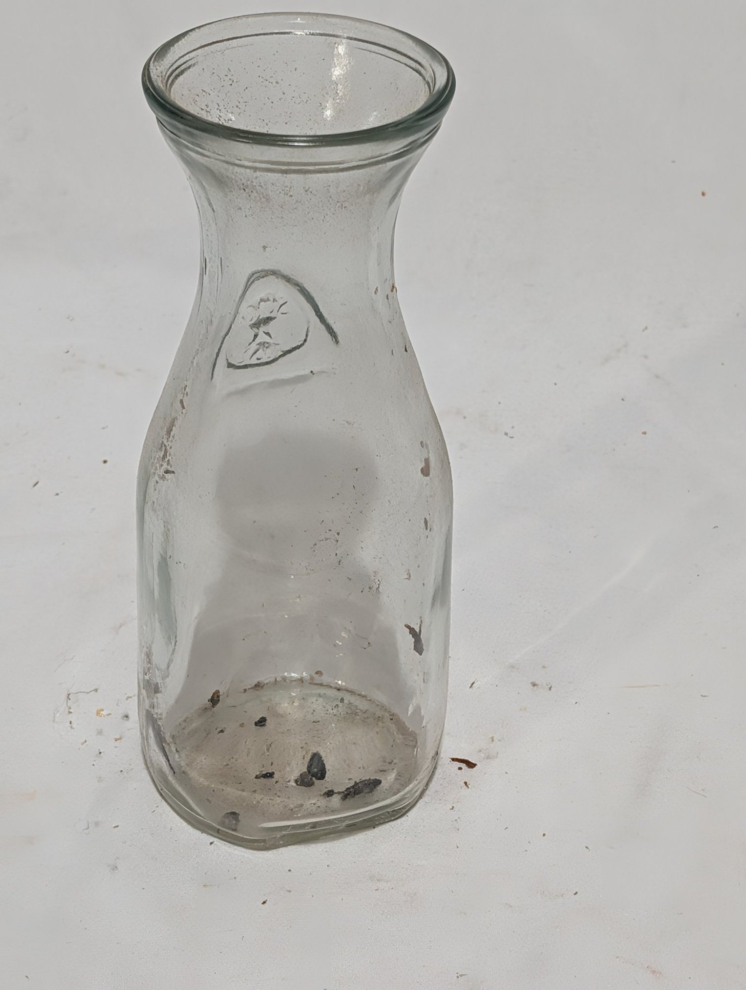 Vintage Clear Glass Carafe Pitcher Since 1852 Applied Medallion Star Emblem 9" T