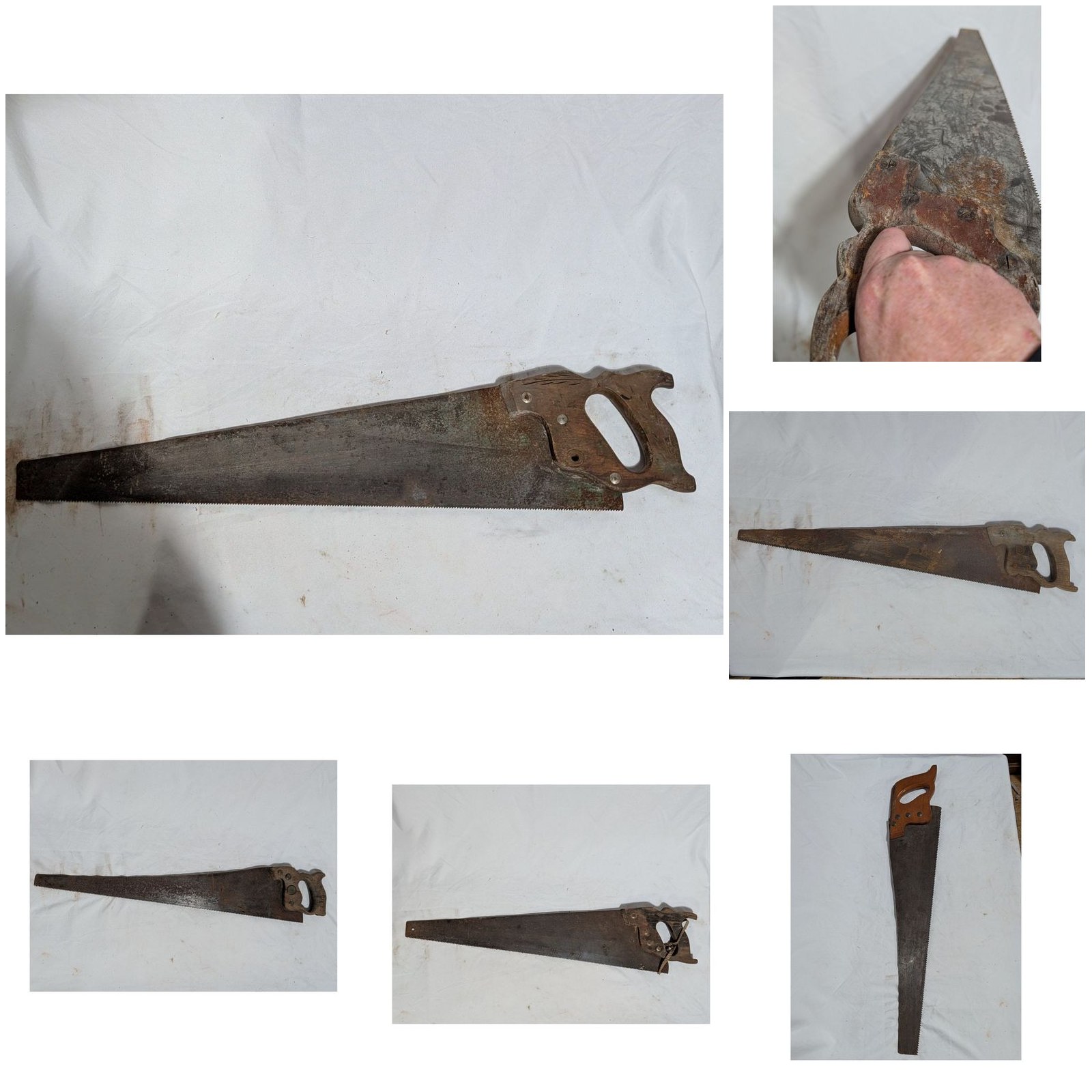 Lot of 6 Antique Hand Saws Carved Wood Handles 26in Crosscut Warranted Superior